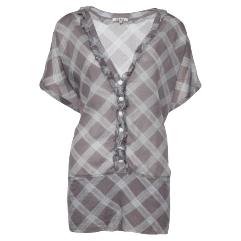 Chloe Grau Karo-Druck Baumwolle Rüschen-Detail Übergröße Bluse L im Angebot
