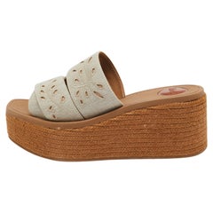 Chloe Grey Denim Logo Print Woody Wedge Platform Slide Sandals Size 40