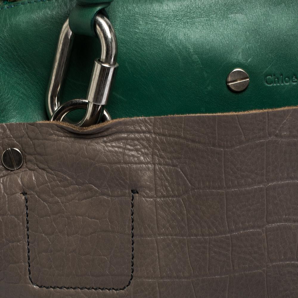 Chloe Grey/Green Croc Embossed Leather Buckle Handle Satchel In Good Condition In Dubai, Al Qouz 2