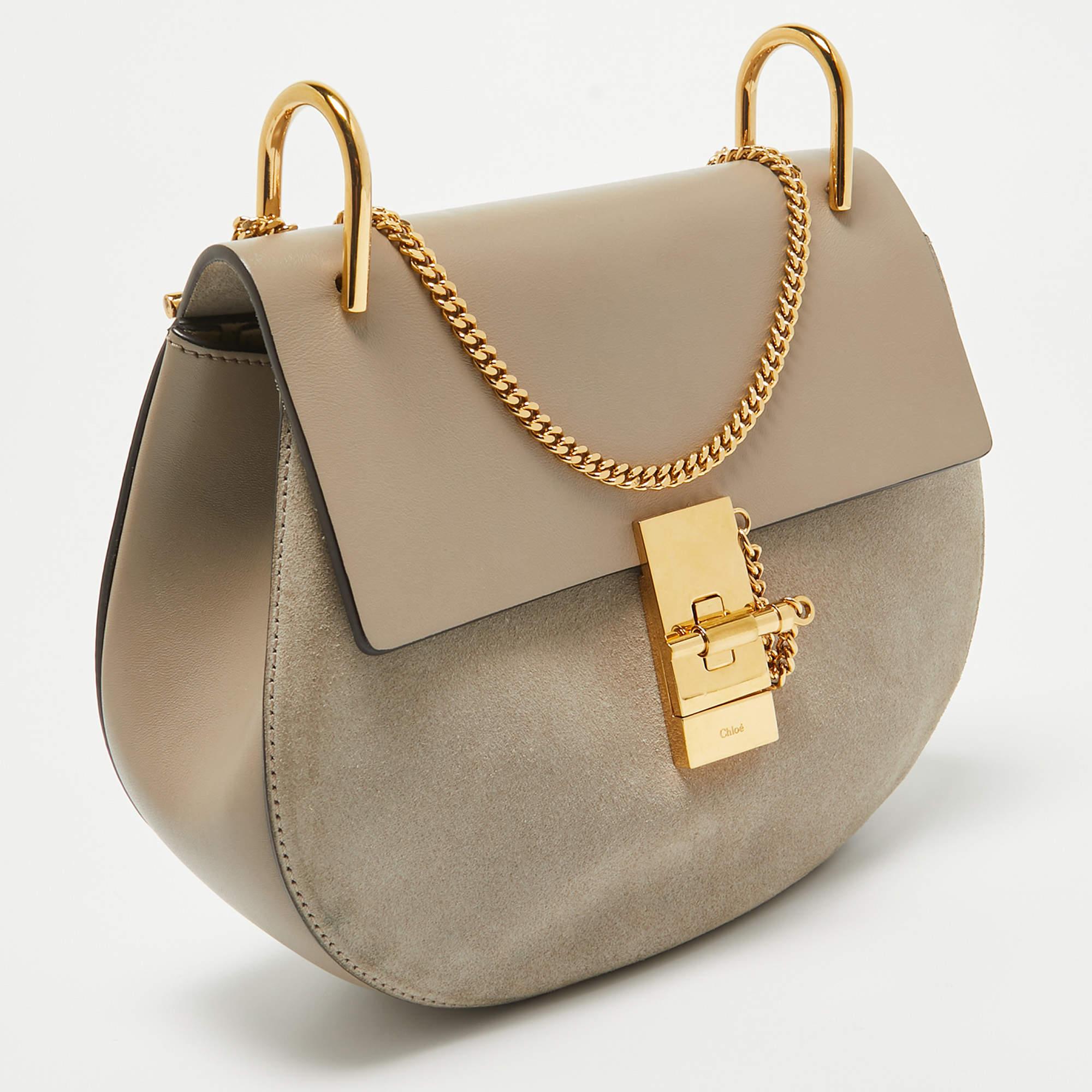 Brown Chloe Grey Leather and Suede Medium Drew Shoulder Bag