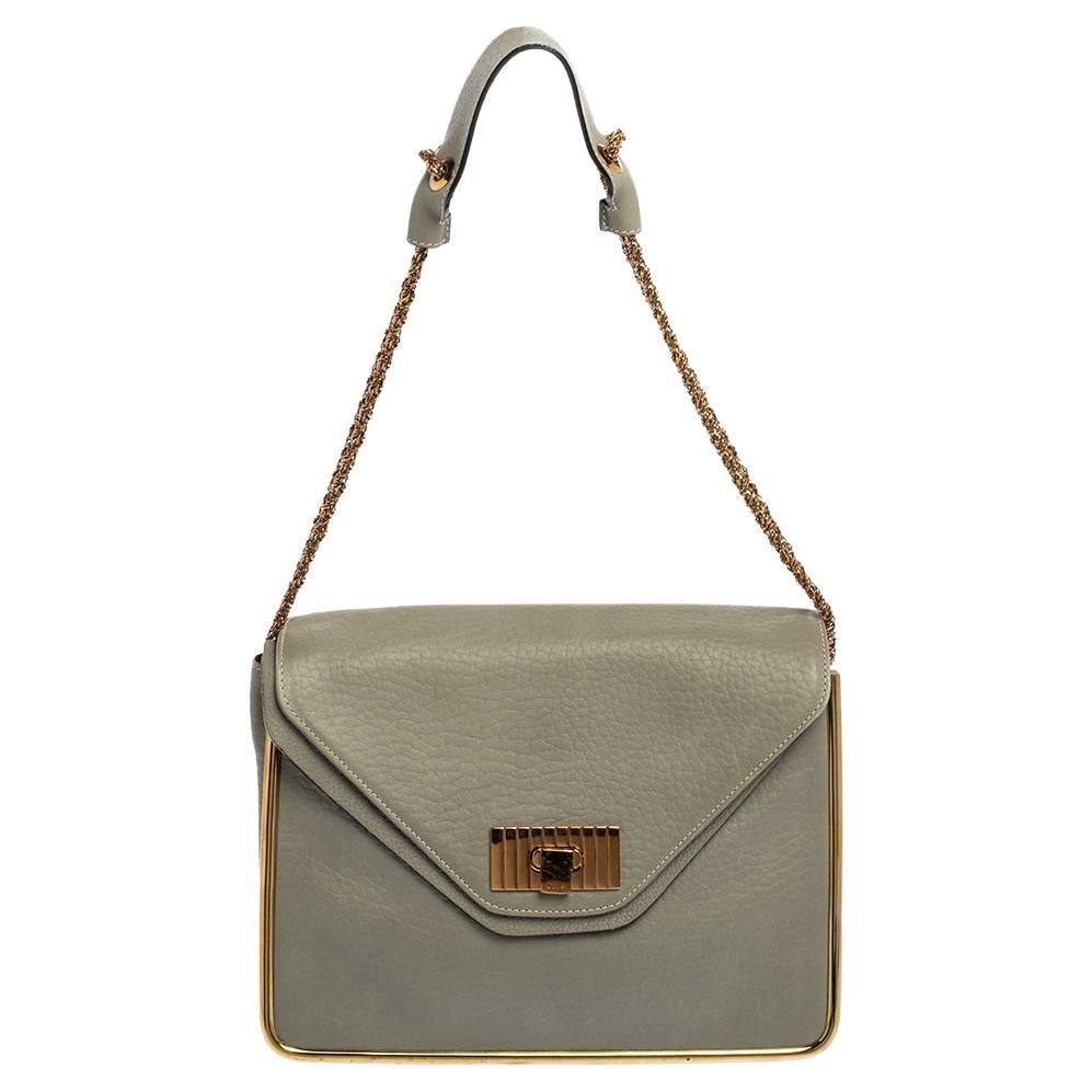 Chloe Grey Leather Medium Sally Flap Shoulder Bag For Sale