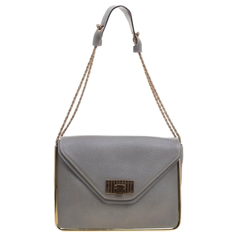 Chloe Grey Pebbled Leather Medium Sally Flap Shoulder Bag For Sale