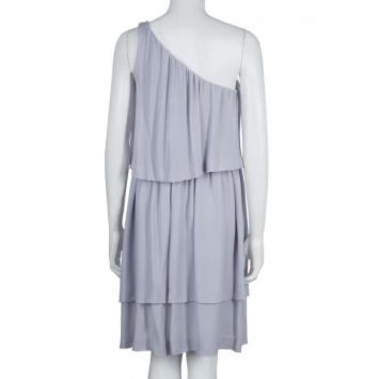 Chloe Grey Silk One Shoulder Tiered Dress S en venta 6