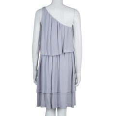 Chloe Grey Silk One Shoulder Tiered Dress S