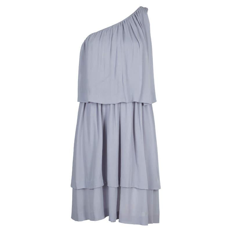 Chloe Grey Silk One Shoulder Tiered Dress S For Sale 3