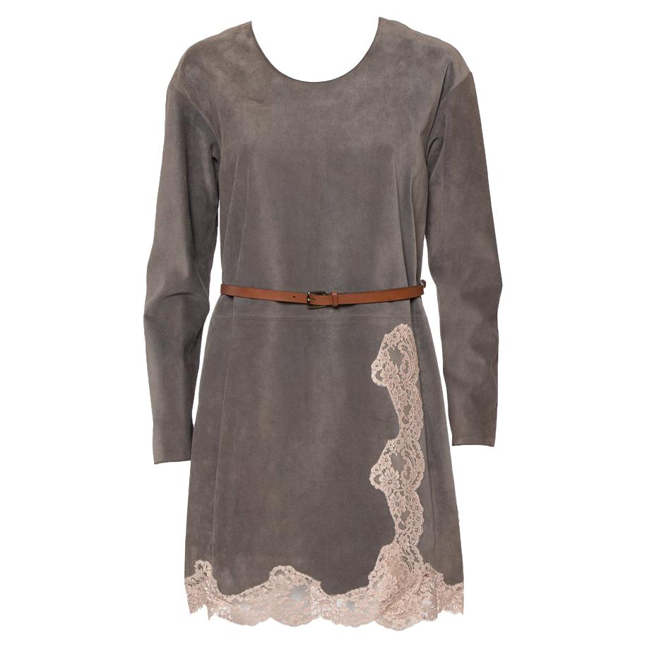 Chloe Grey Suede Lace Trim Detail Belted Dress S For Sale