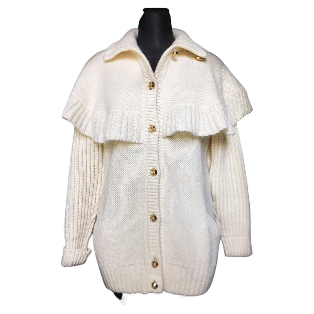 Handgestickte elfenbeinfarbene Strickjacke  Pullover aus den 1980er Jahren EX++