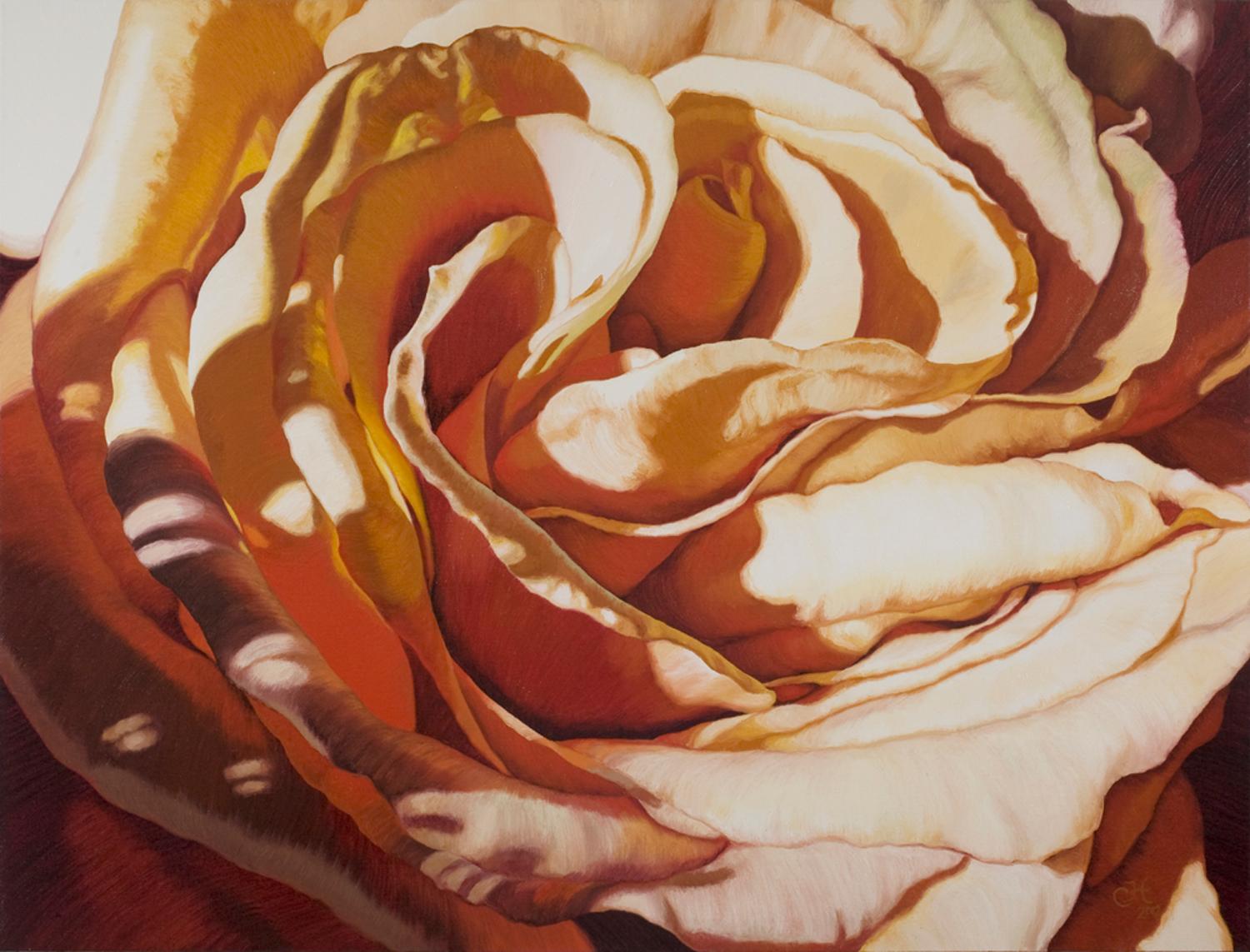 „ALETHIA“ Ölgemälde  Rosa, rot, monochrom, Blume, Blumen-Stillleben – Mixed Media Art von Chloe Hedden