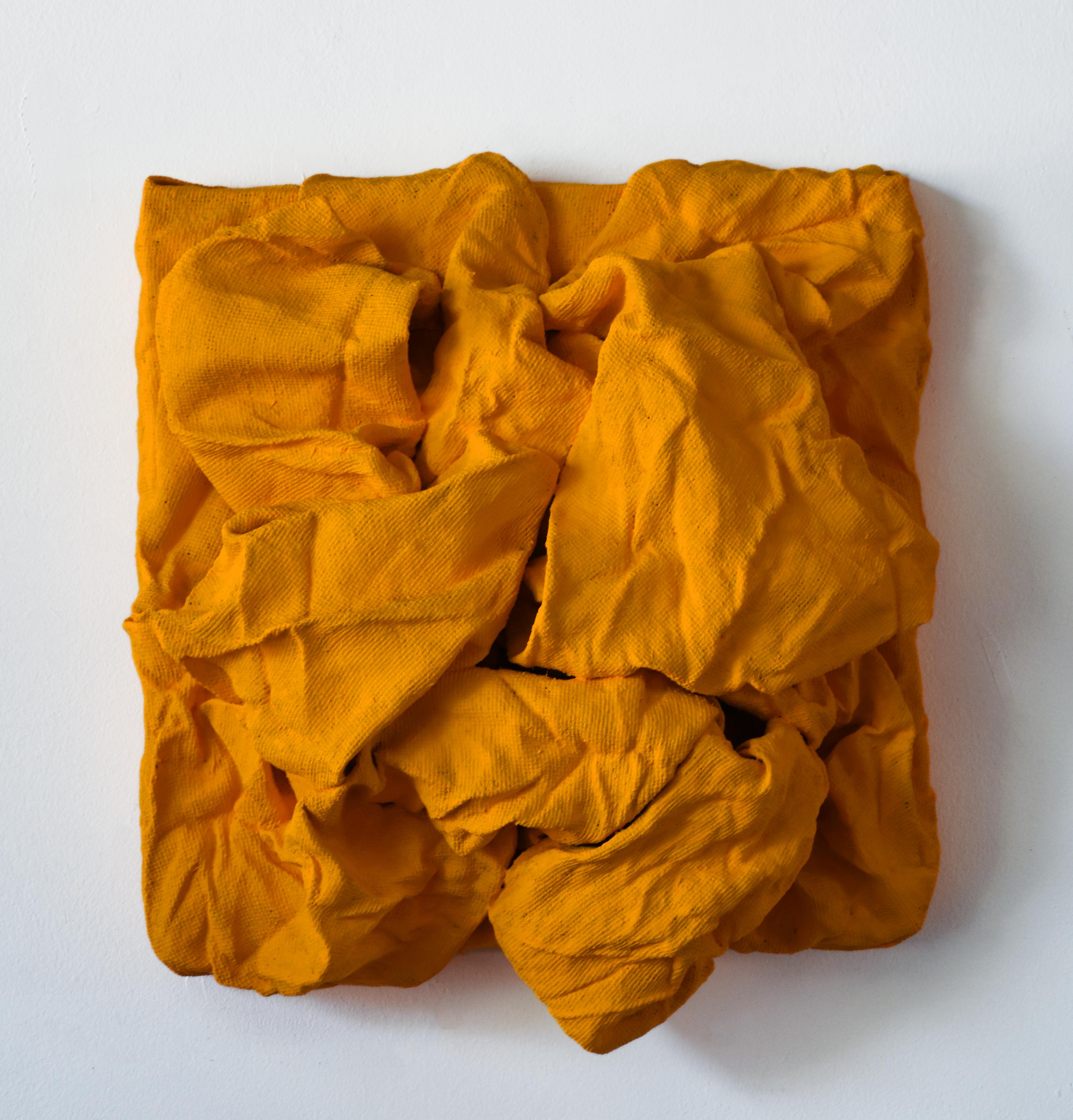Golden Yellow Folds (hardened fabric, contemporary art design, wall sculpture)