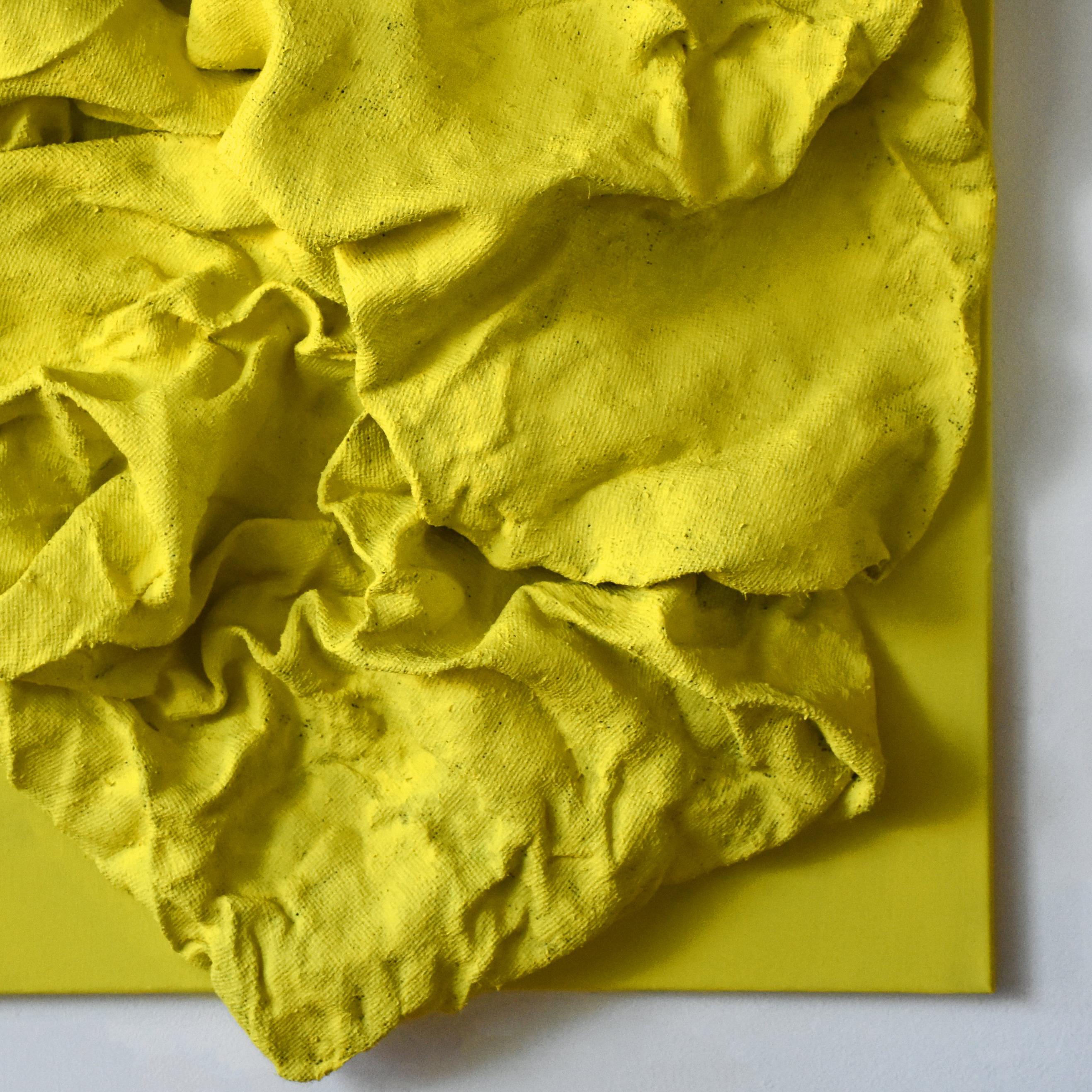Lemon Yellow Folds (wall sculpture, hard fabric, textile sculpture, wall mount) - Green Abstract Sculpture by Chloe Hedden
