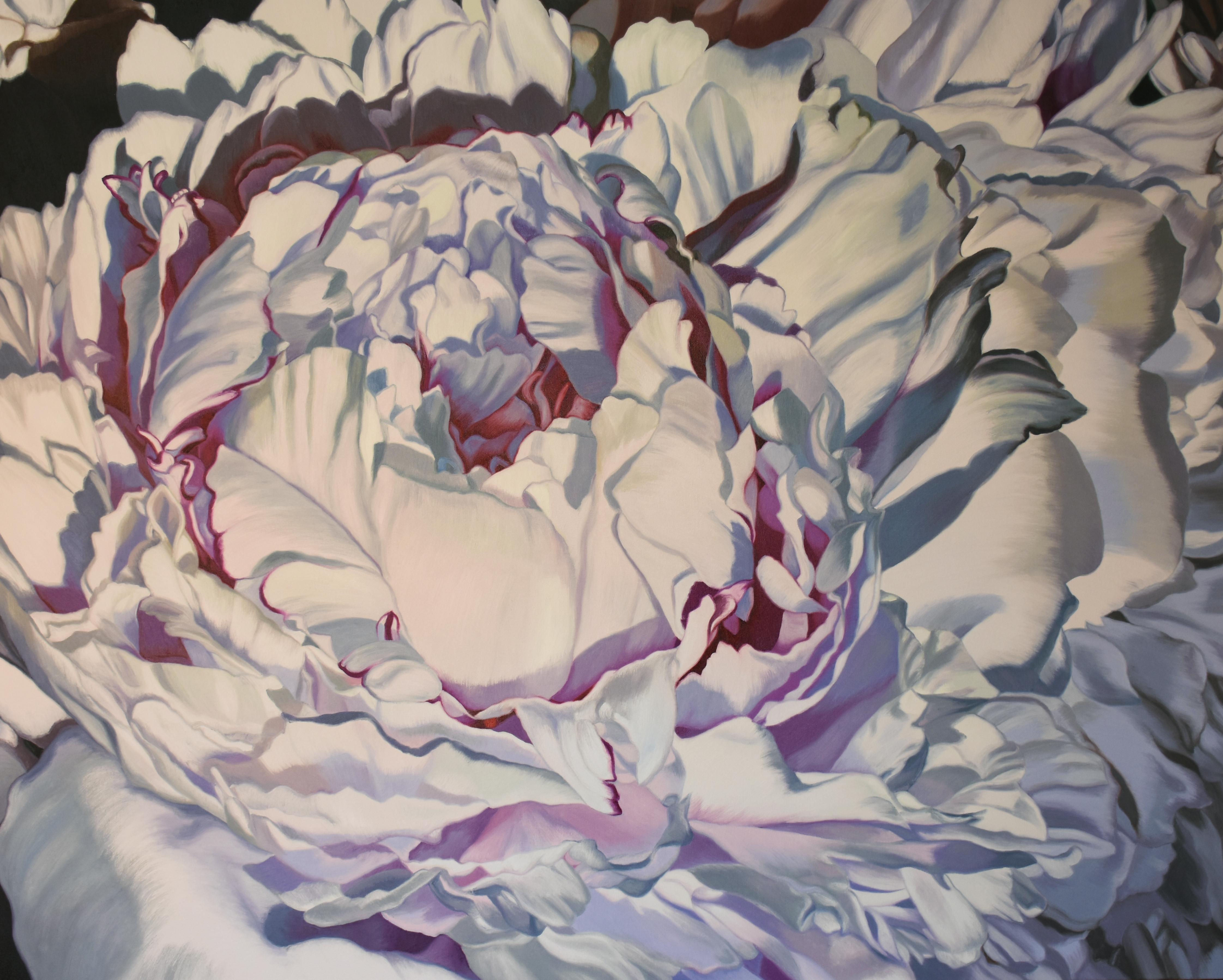 Chloe Hedden Abstract Sculpture - "Midnight Sun" Oil Painting-  pink, red, monochrome, flower, flowers, still life