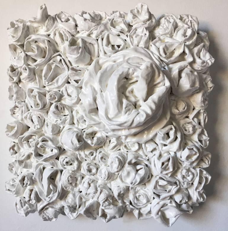 White Rosettes 3 (flowers sculpture, roses, wall sculpture, hard fabric, textile - Mixed Media Art by Chloe Hedden