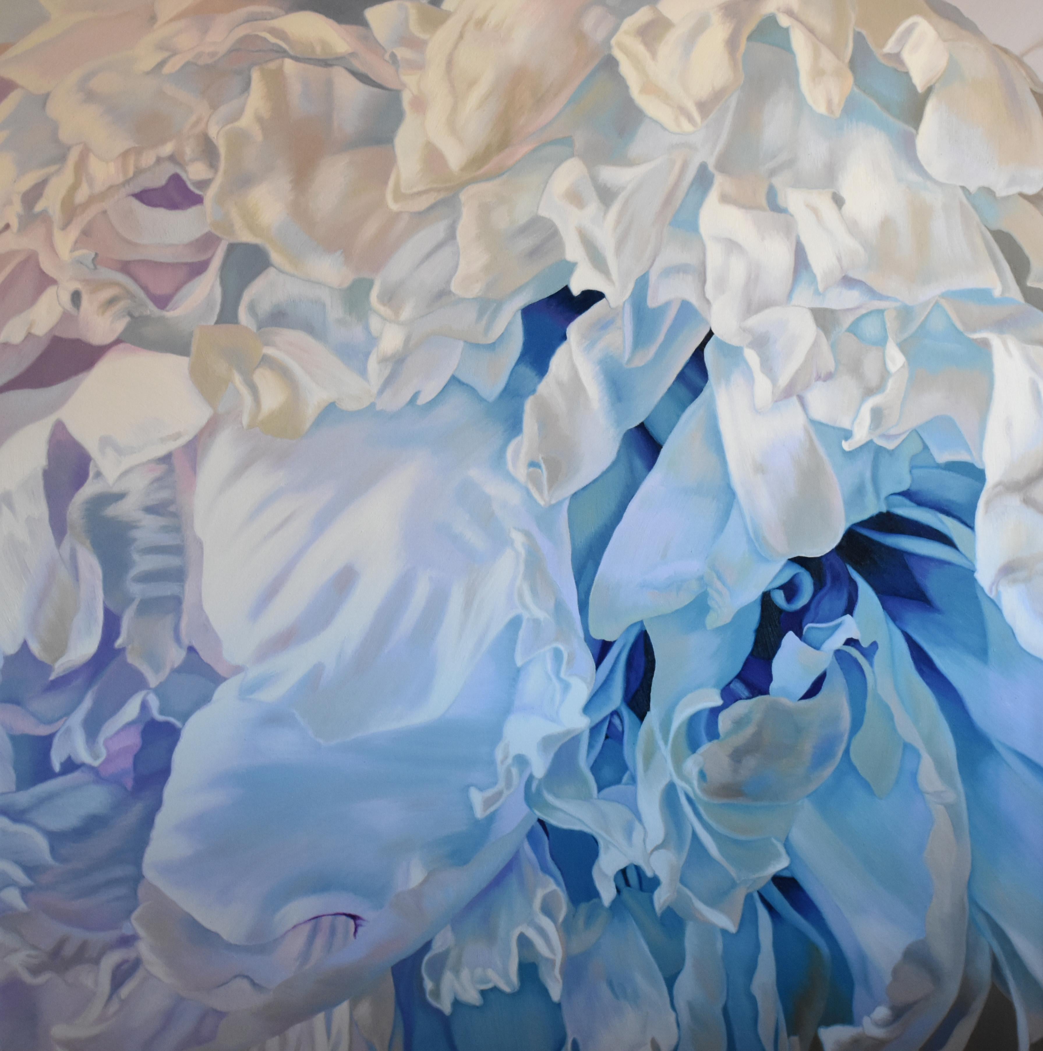 Peinture à l'huile "Rose d'hiver"  rose, rouge, fleur, fleurs, nature morte, bleu - Mixed Media Art de Chloe Hedden