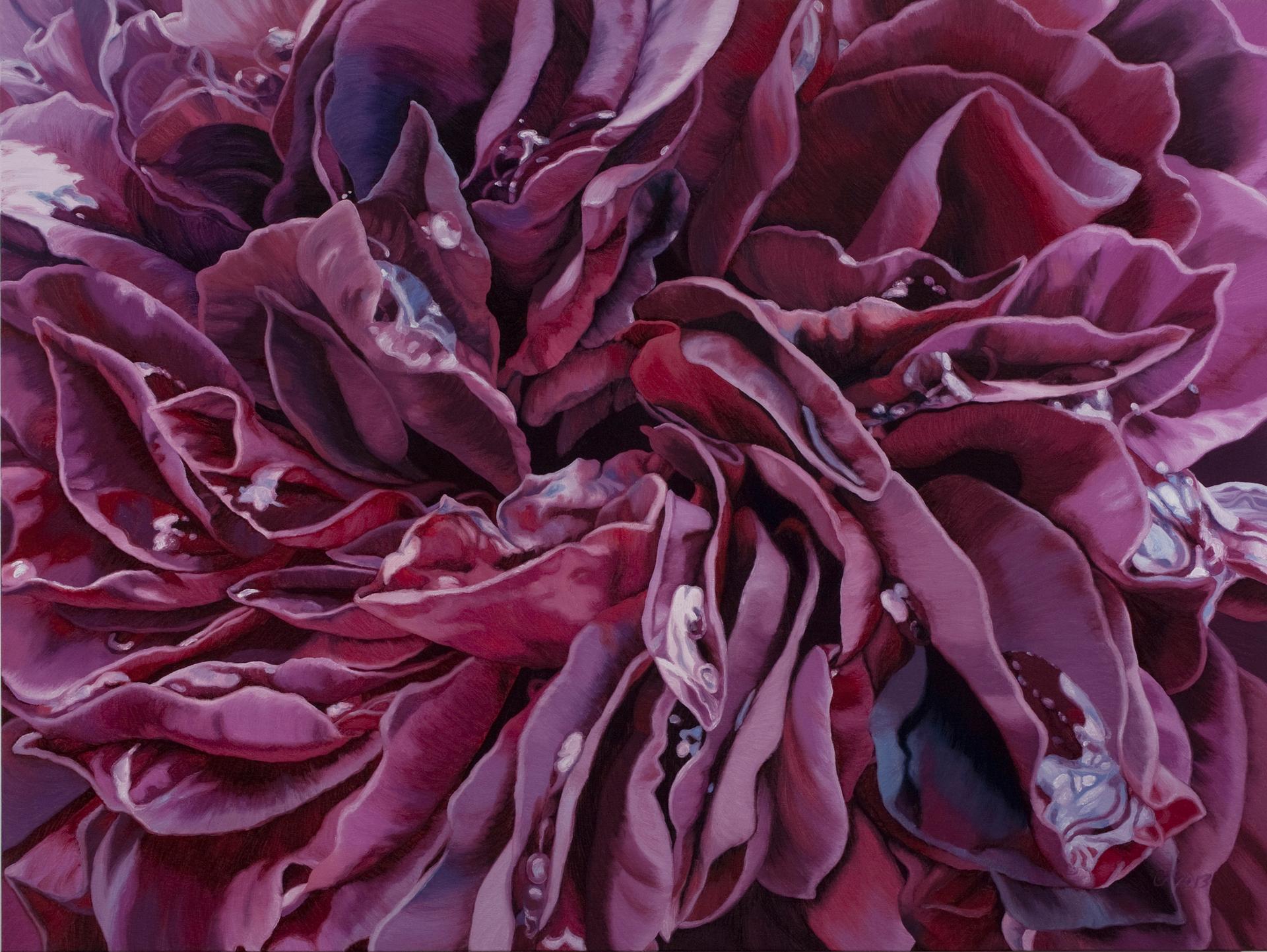 Chloe Hedden Still-Life Painting - Agape (floral painting, realist, purple flower, oil painting, canvas, burgundy)