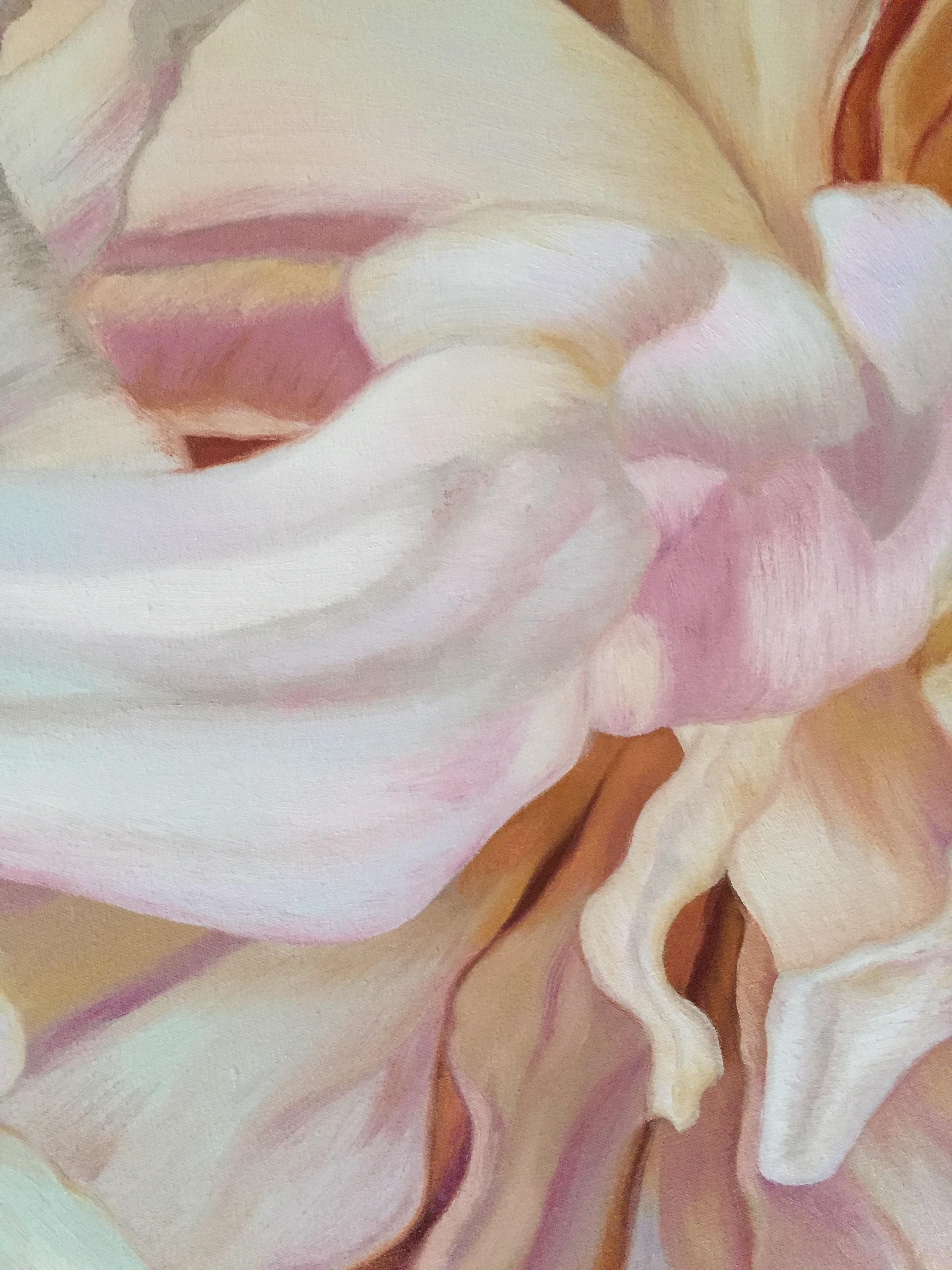 Becky's Peony 4 (floral painting, realist, pastels, flower, oil painting, canvas - Beige Still-Life Painting by Chloe Hedden