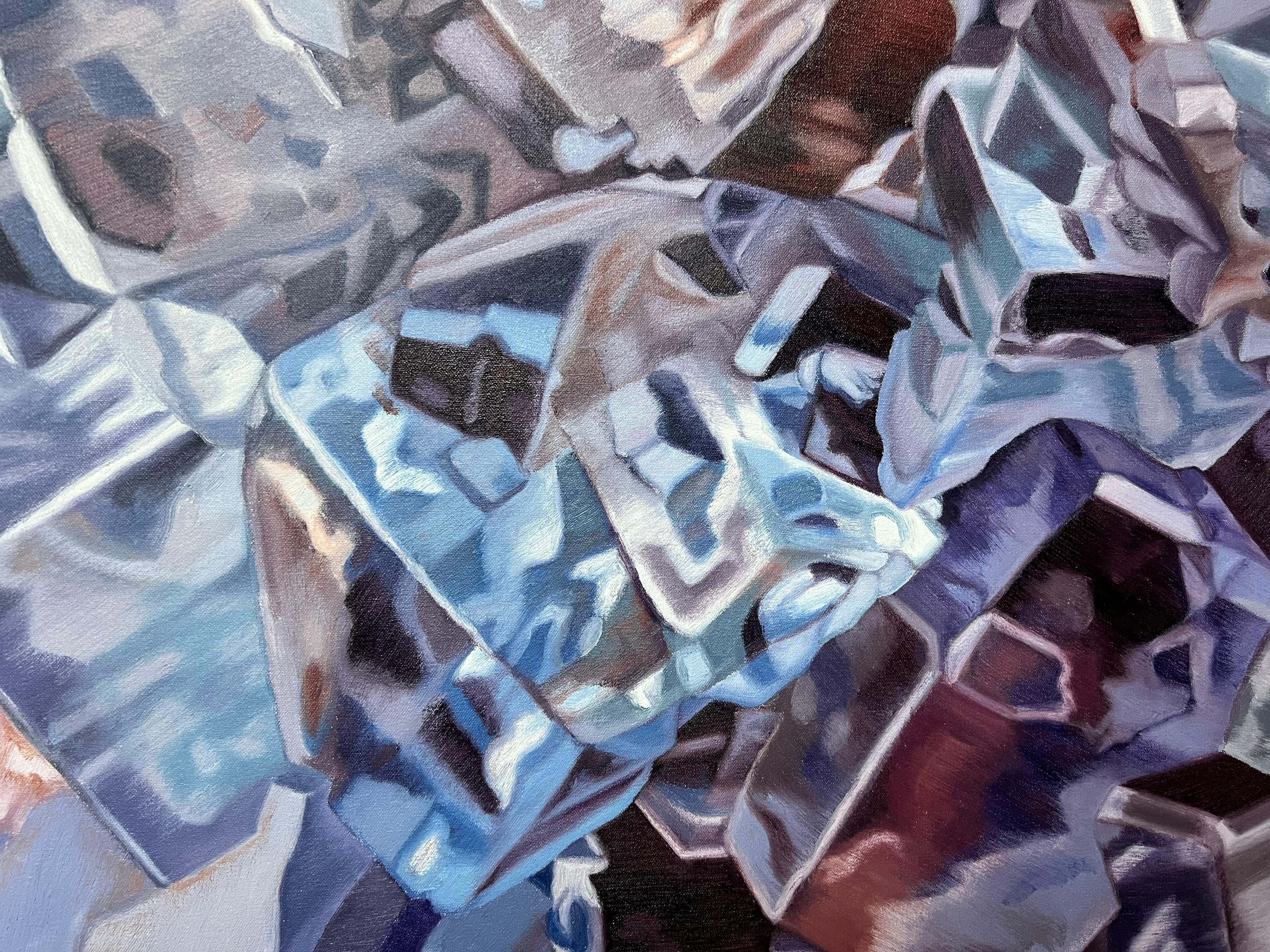 Fluorite bleue (pastels cristaux réaliste minéraux précieux peinture à l'huile toile) en vente 5