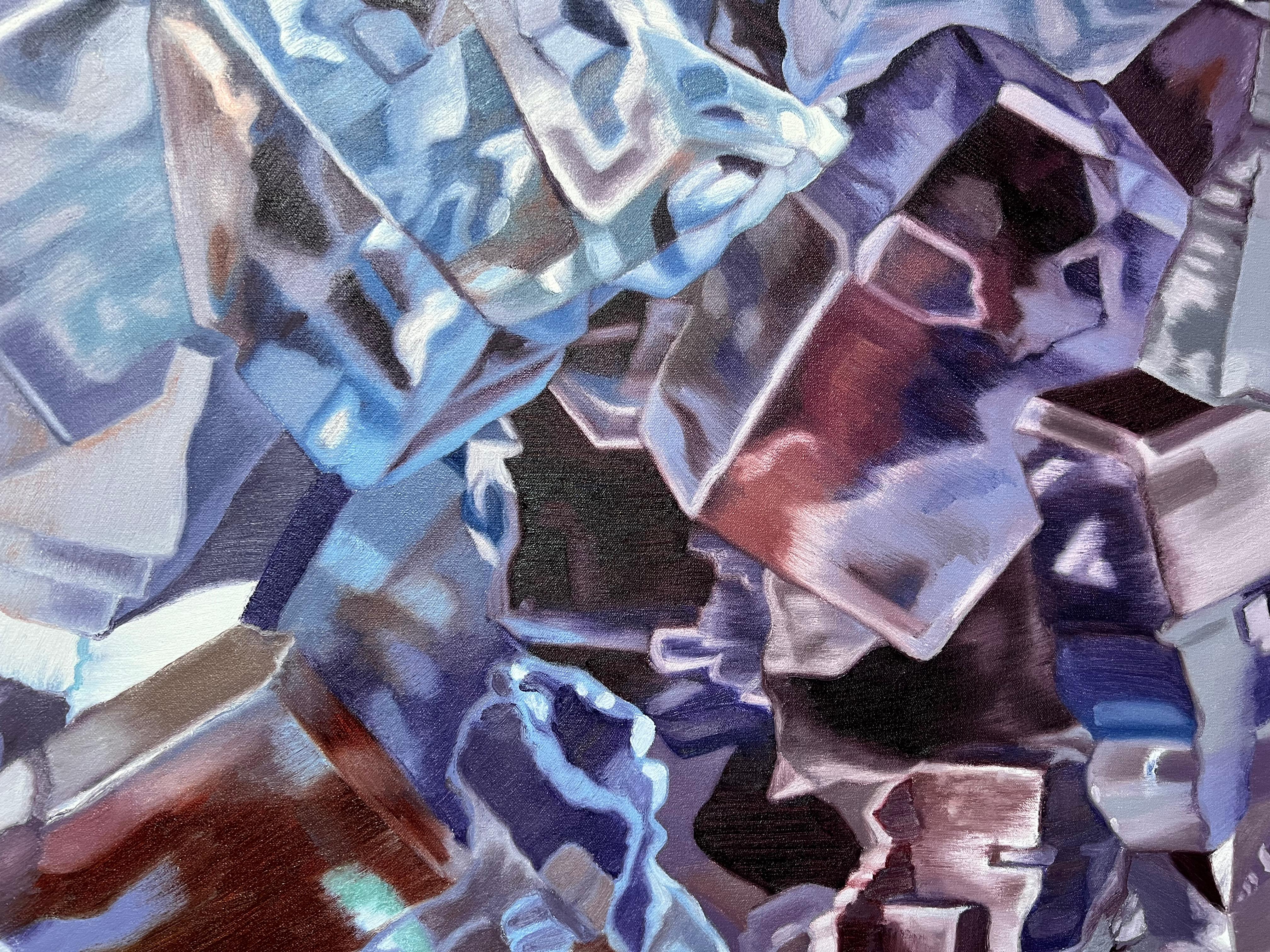 Fluorite bleue (pastels cristaux réaliste minéraux précieux peinture à l'huile toile) en vente 6
