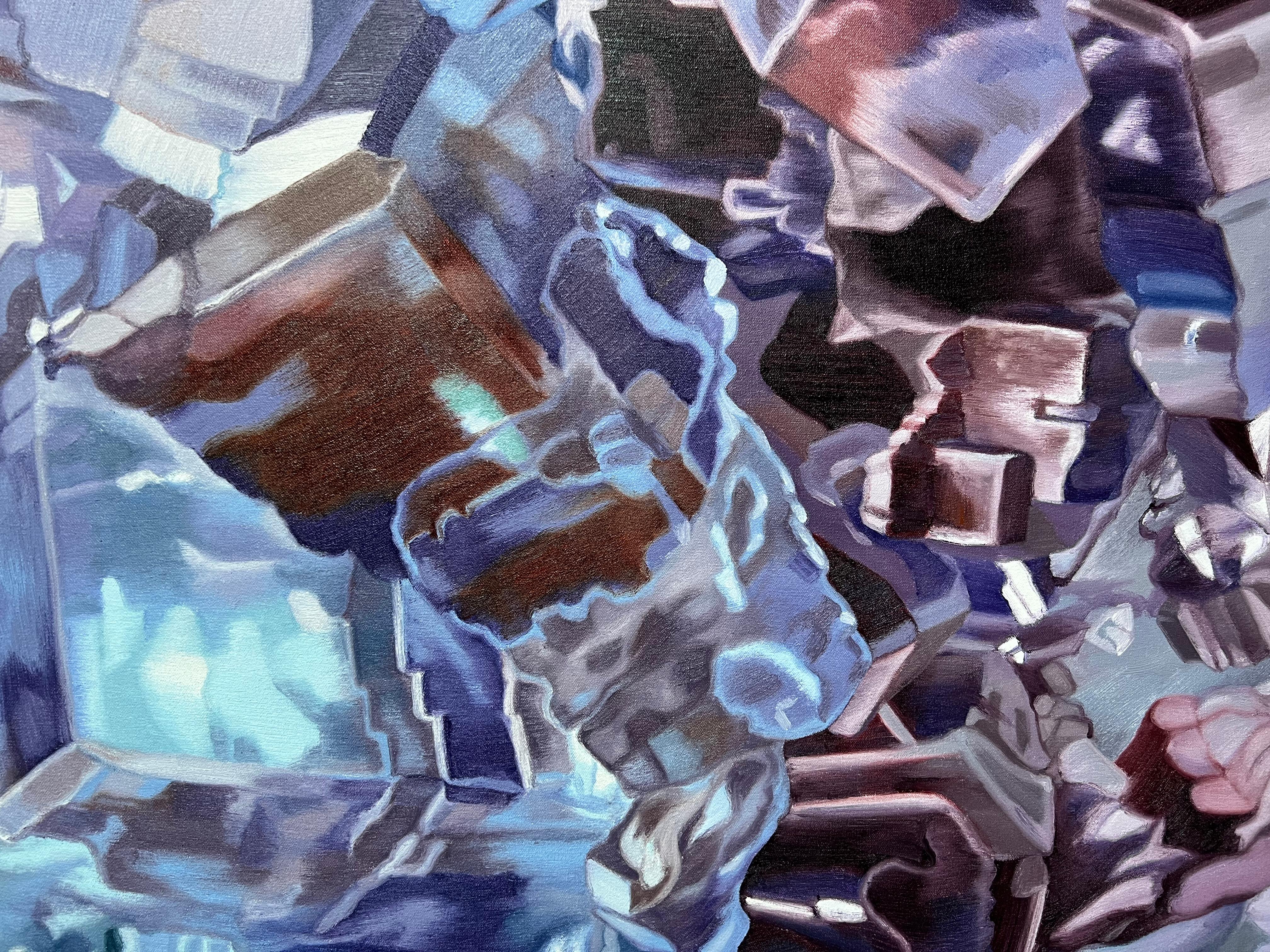 Fluorite bleue (pastels cristaux réaliste minéraux précieux peinture à l'huile toile) en vente 7