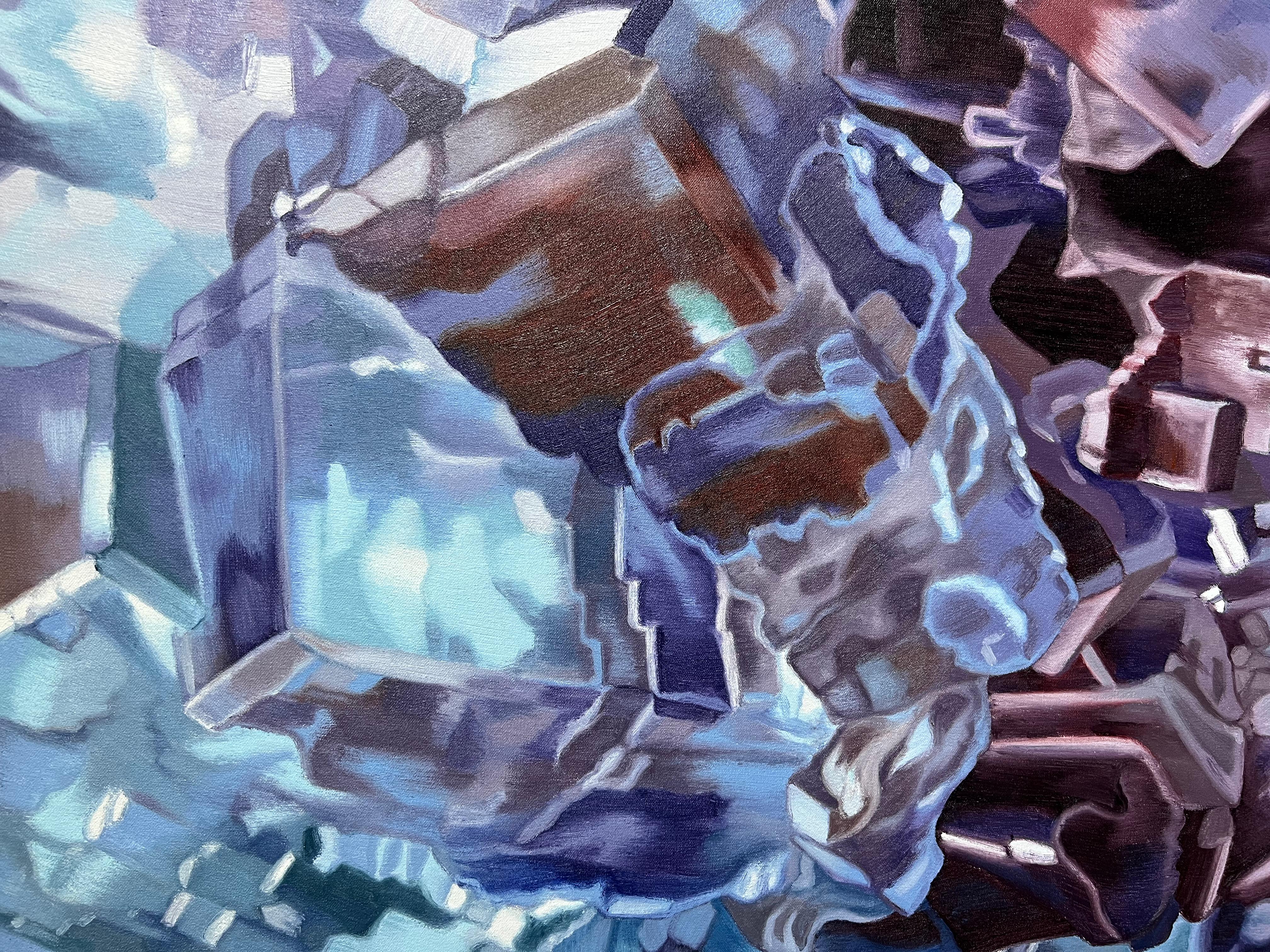Fluorite bleue (pastels cristaux réaliste minéraux précieux peinture à l'huile toile) en vente 11