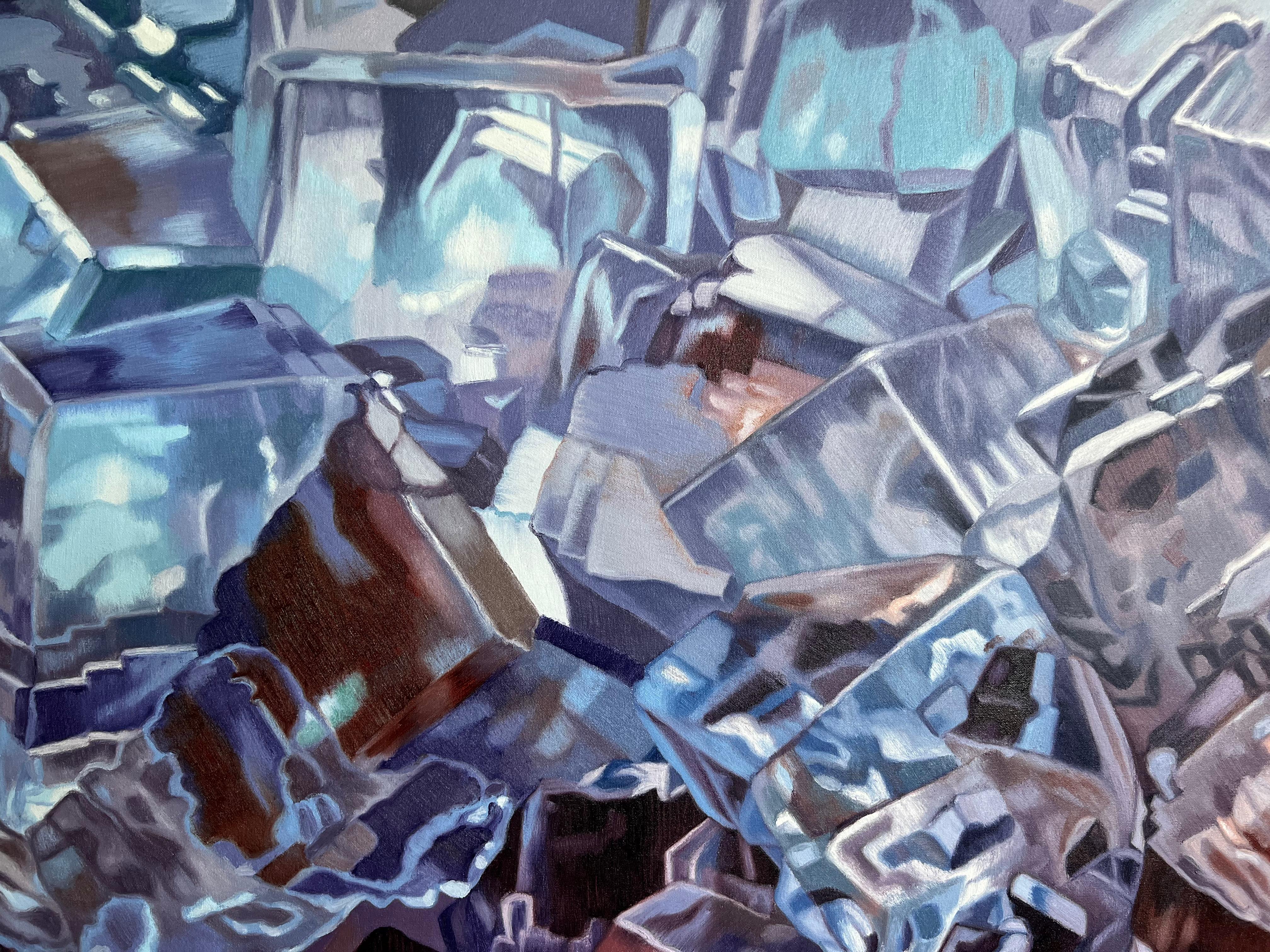 Fluorite bleue (pastels cristaux réaliste minéraux précieux peinture à l'huile toile) en vente 12