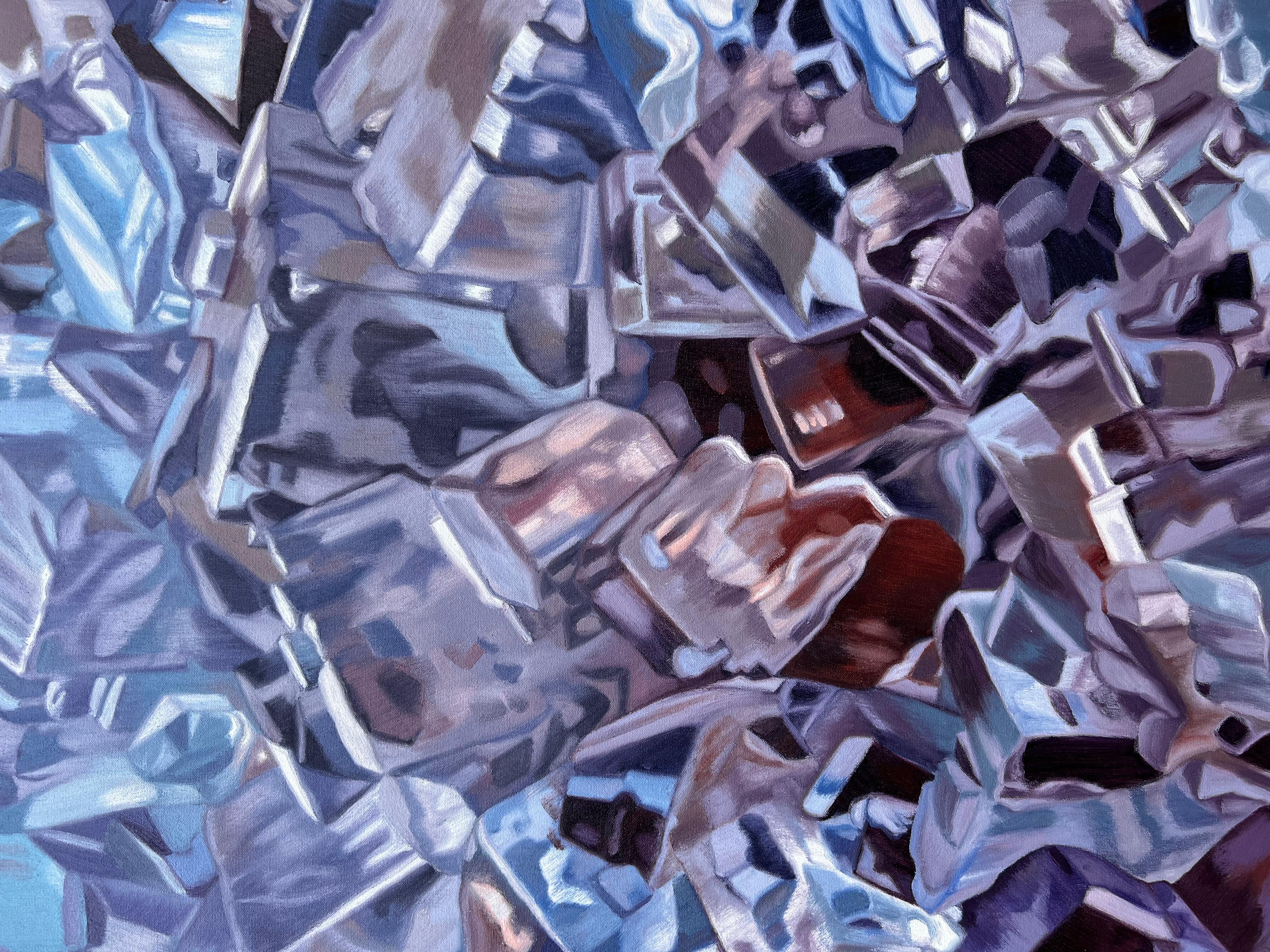 Fluorite bleue (pastels cristaux réaliste minéraux précieux peinture à l'huile toile) en vente 13