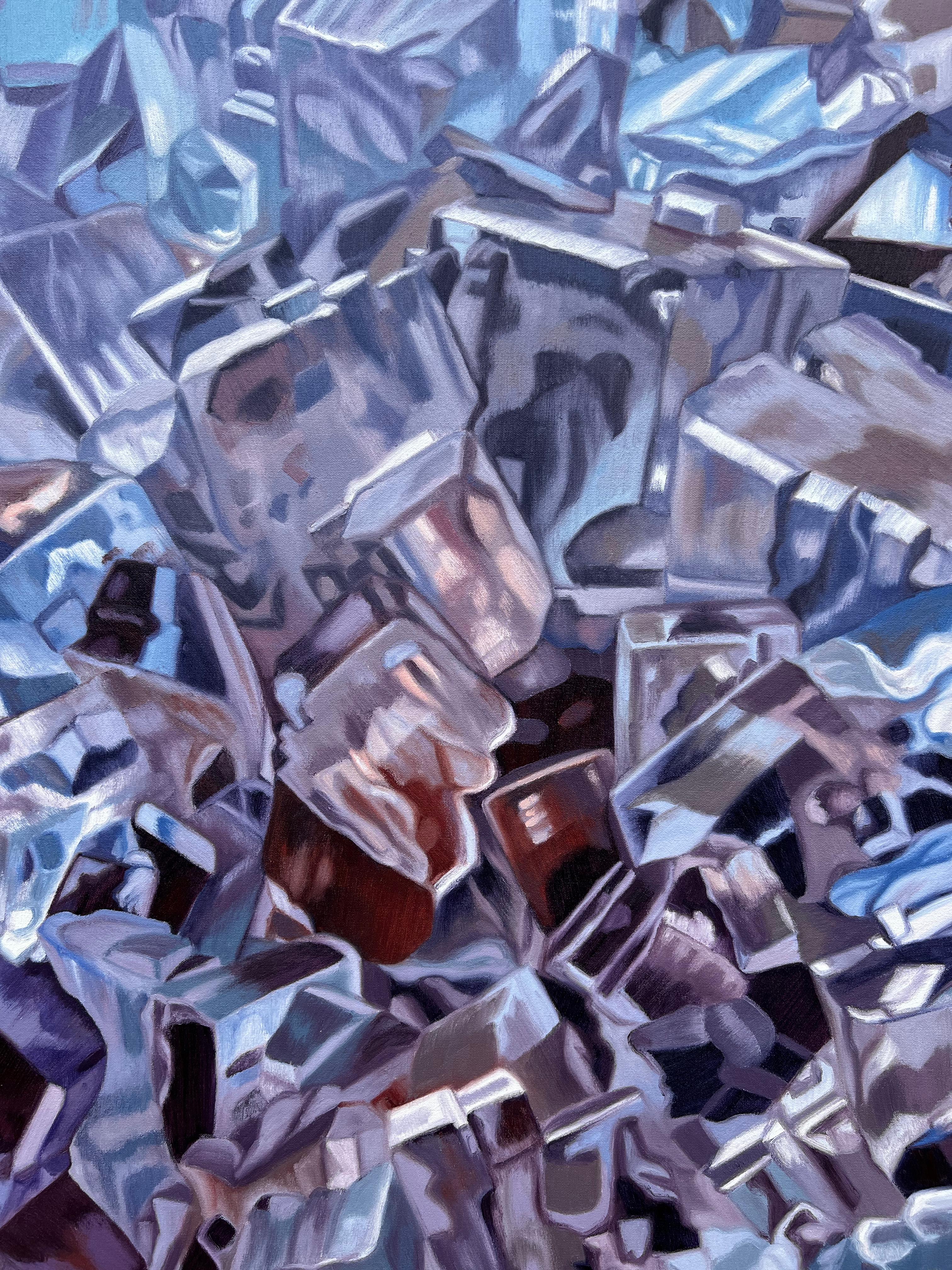 Fluorite bleue (pastels cristaux réaliste minéraux précieux peinture à l'huile toile) en vente 14
