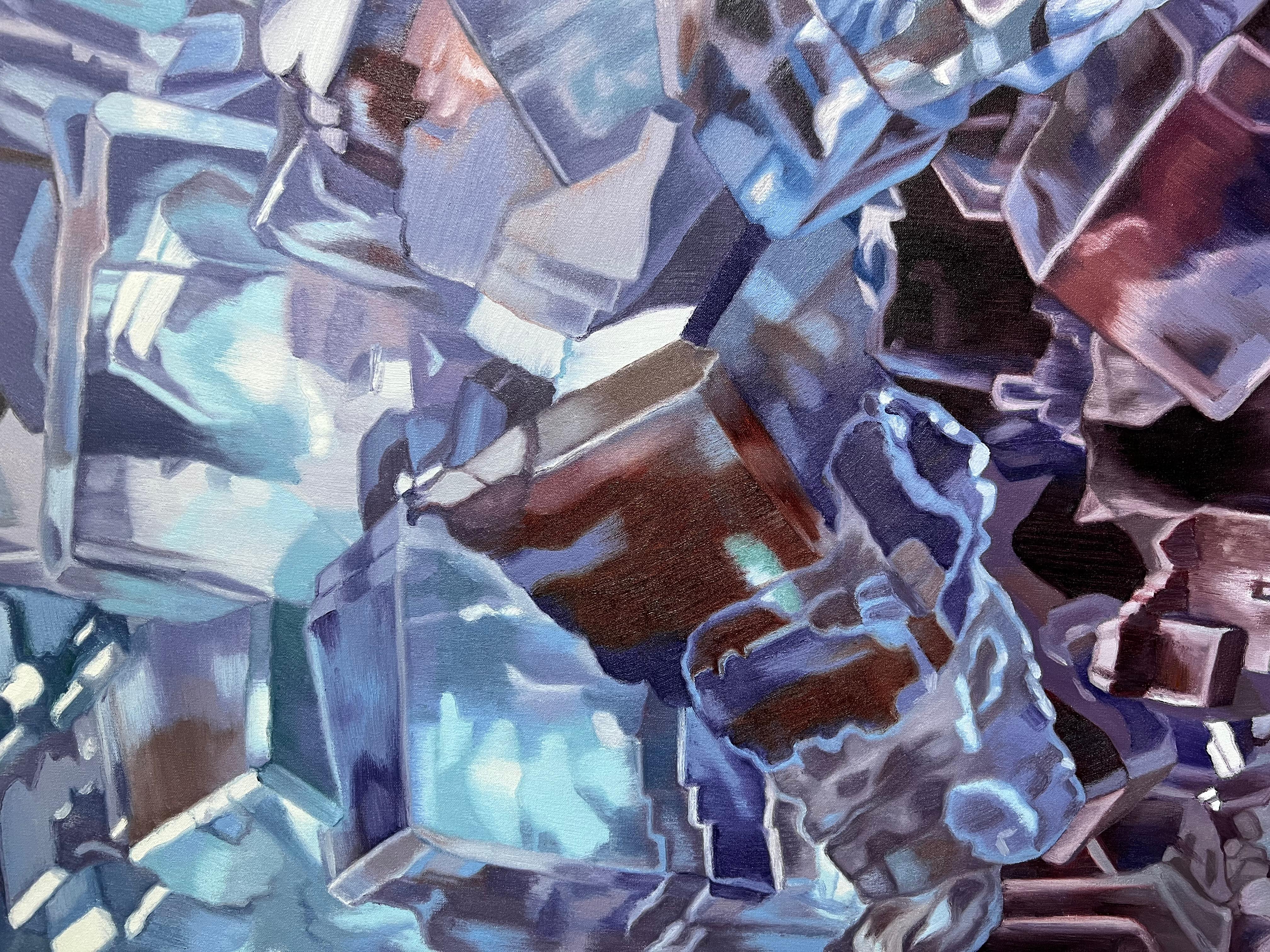 Fluorite bleue (pastels cristaux réaliste minéraux précieux peinture à l'huile toile) - Bleu Abstract Painting par Chloe Hedden