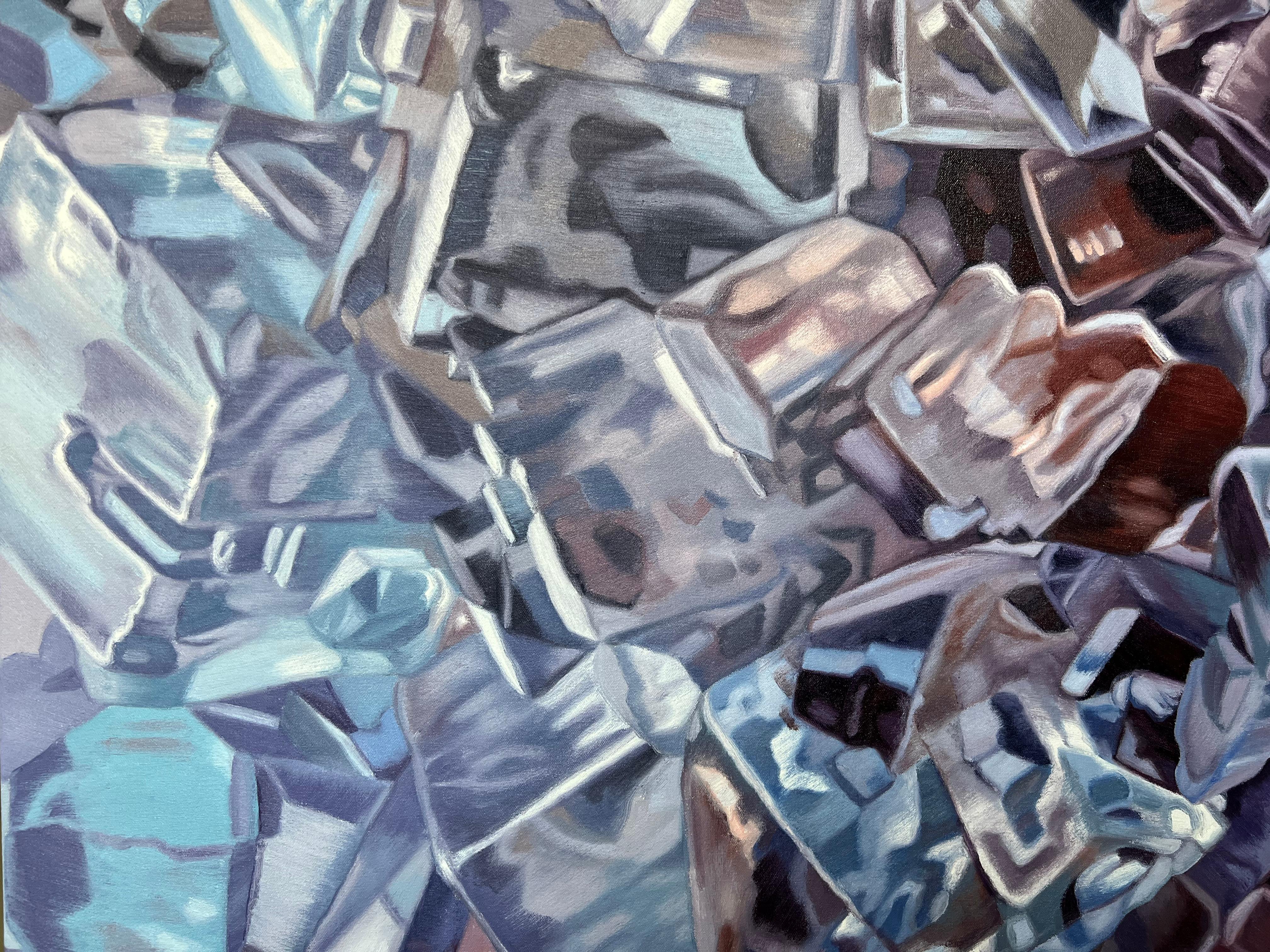 Fluorite bleue (pastels cristaux réaliste minéraux précieux peinture à l'huile toile) en vente 1