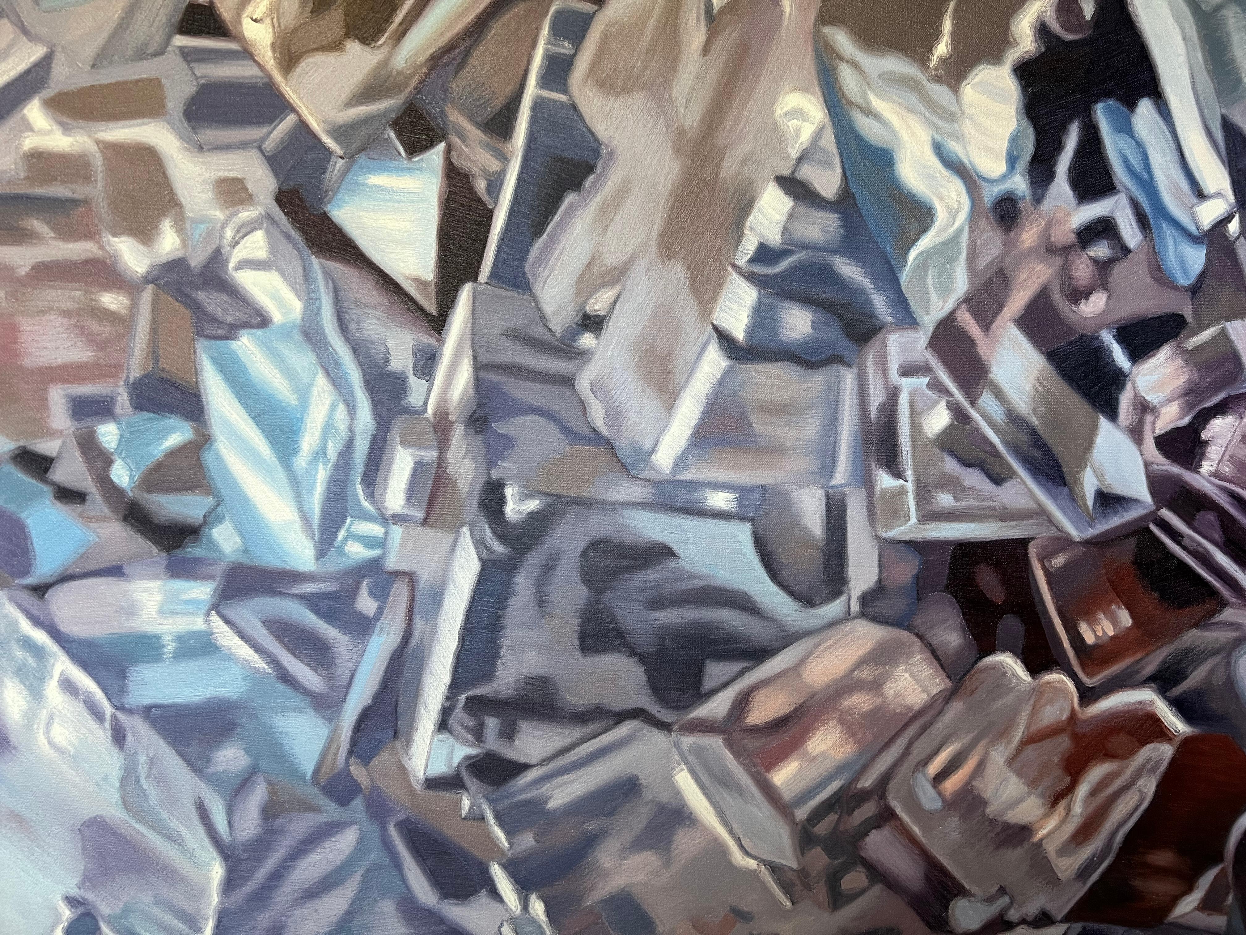 Fluorite bleue (pastels cristaux réaliste minéraux précieux peinture à l'huile toile) en vente 2