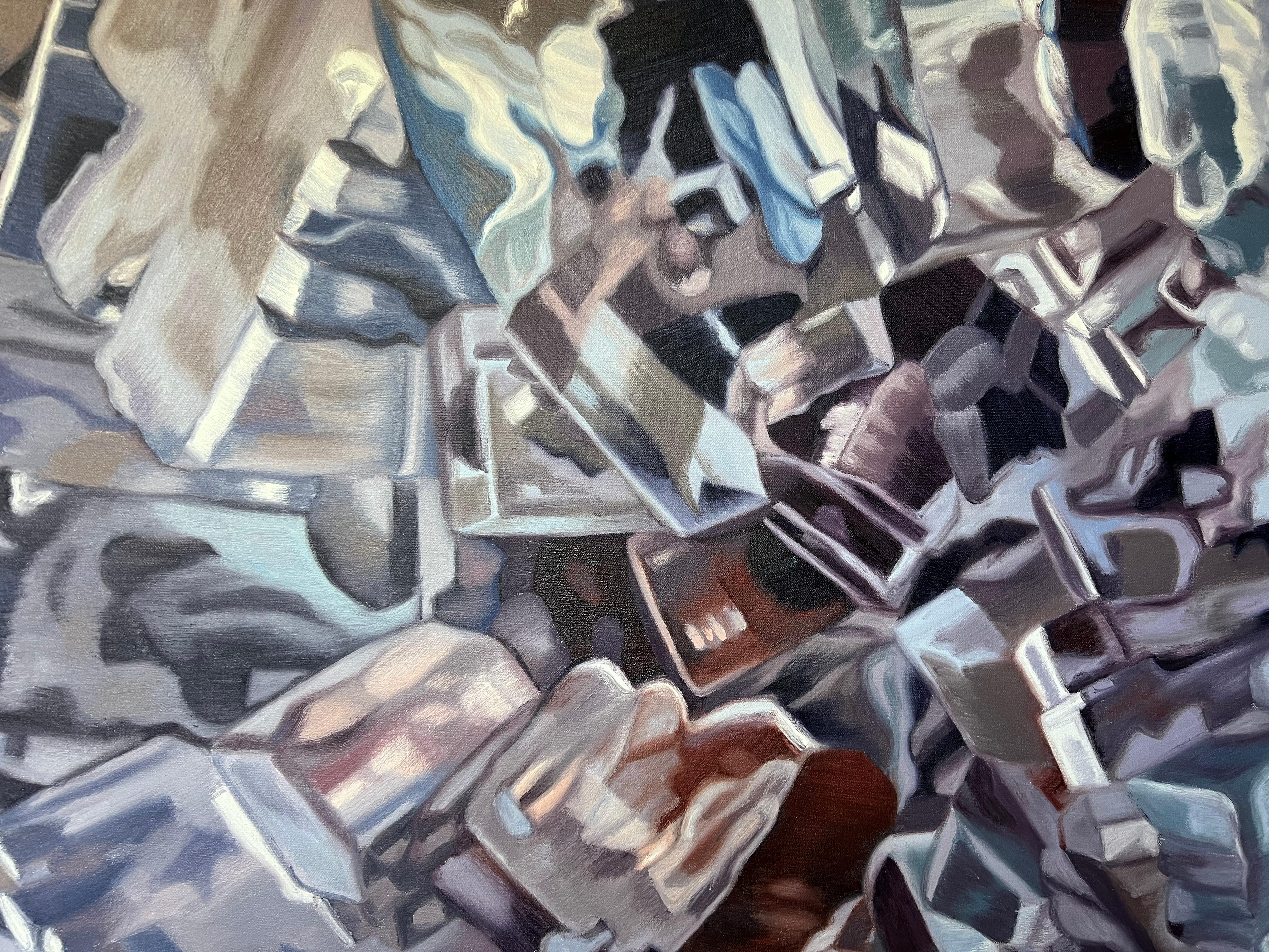 Fluorite bleue (pastels cristaux réaliste minéraux précieux peinture à l'huile toile) en vente 3