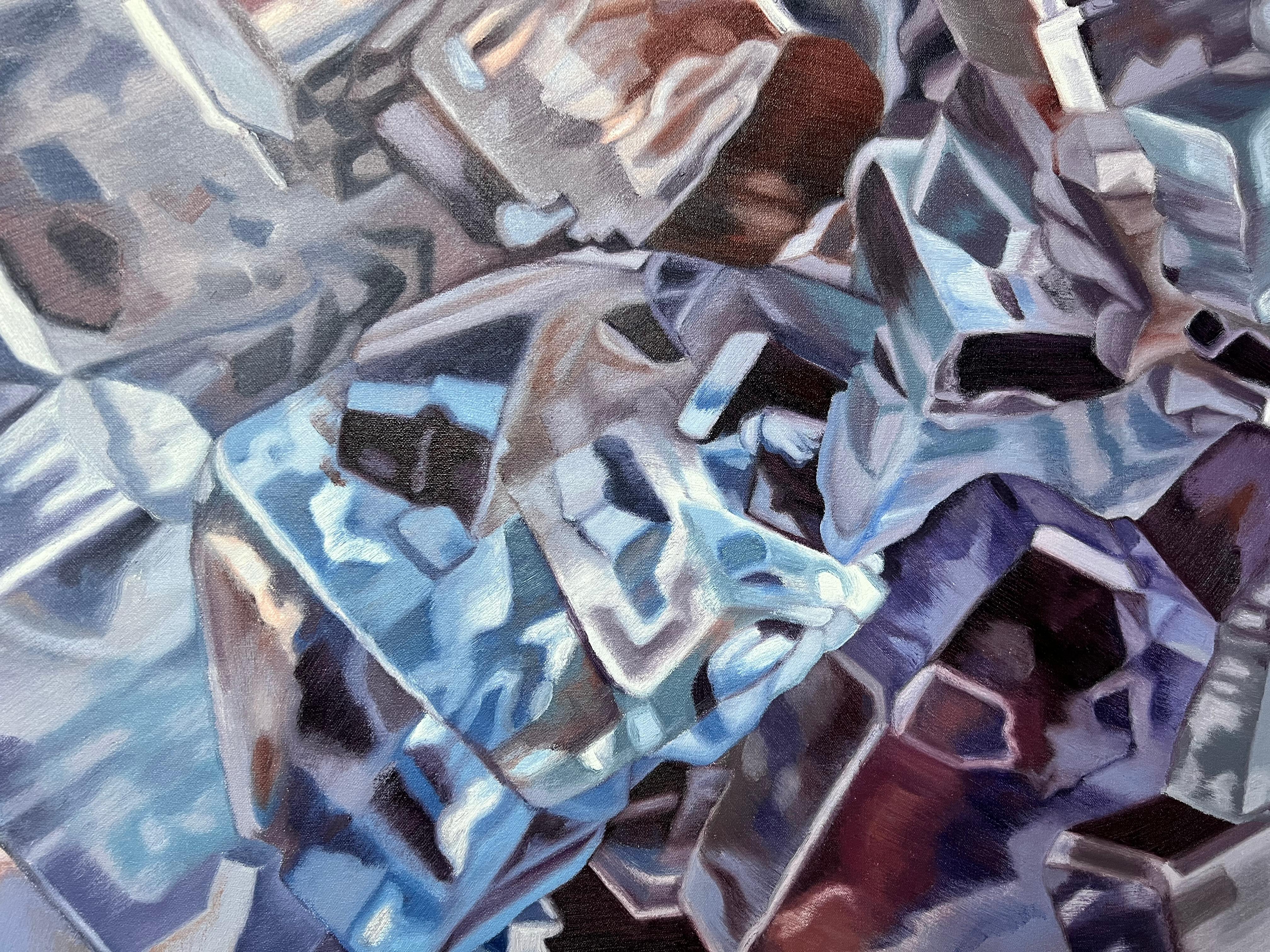 Fluorite bleue (pastels cristaux réaliste minéraux précieux peinture à l'huile toile) en vente 4