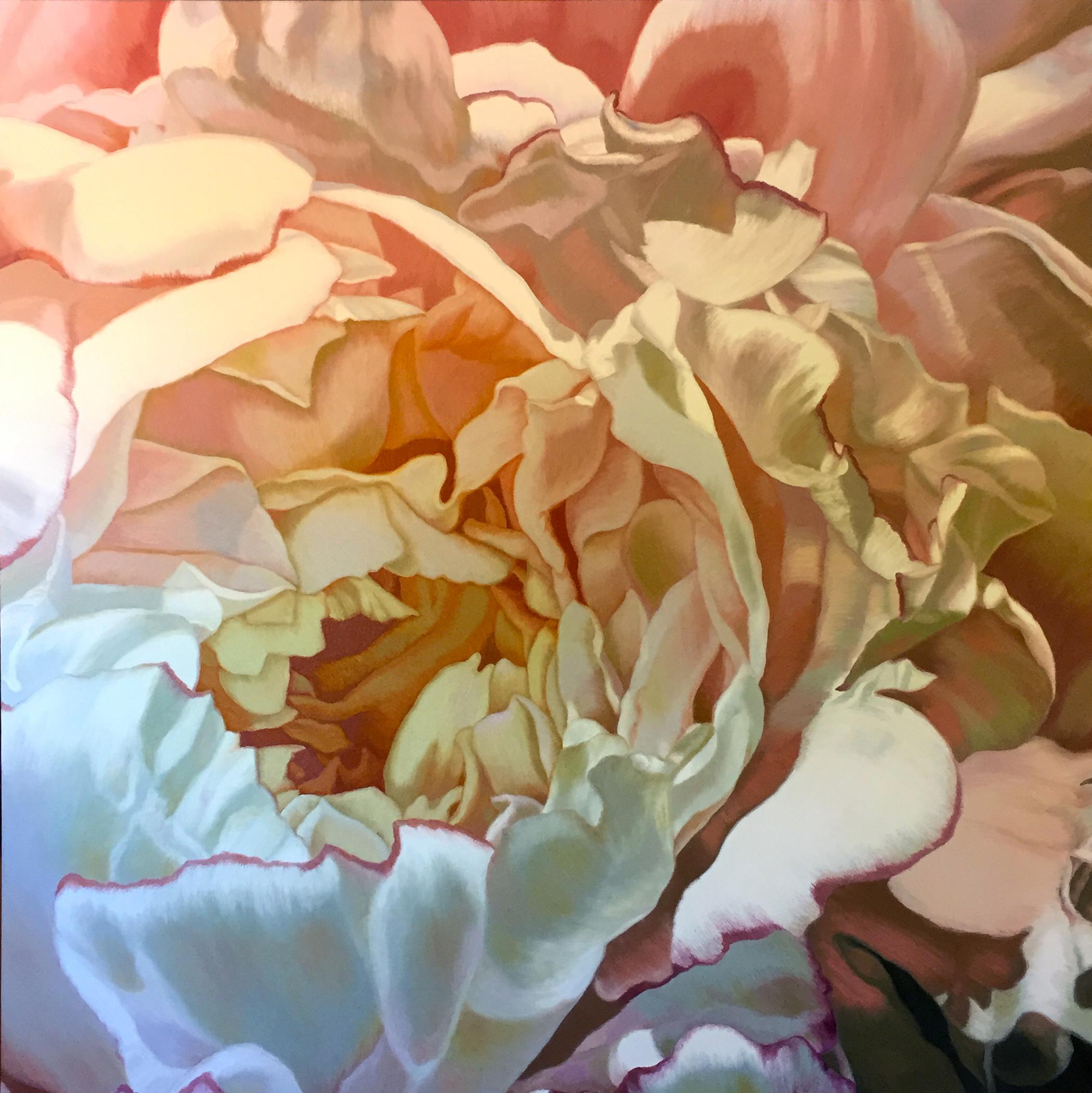 Chloe Hedden Abstract Painting – Evening Peony 2 (floral painting, realist, pastels, flower, oil painting, canvas