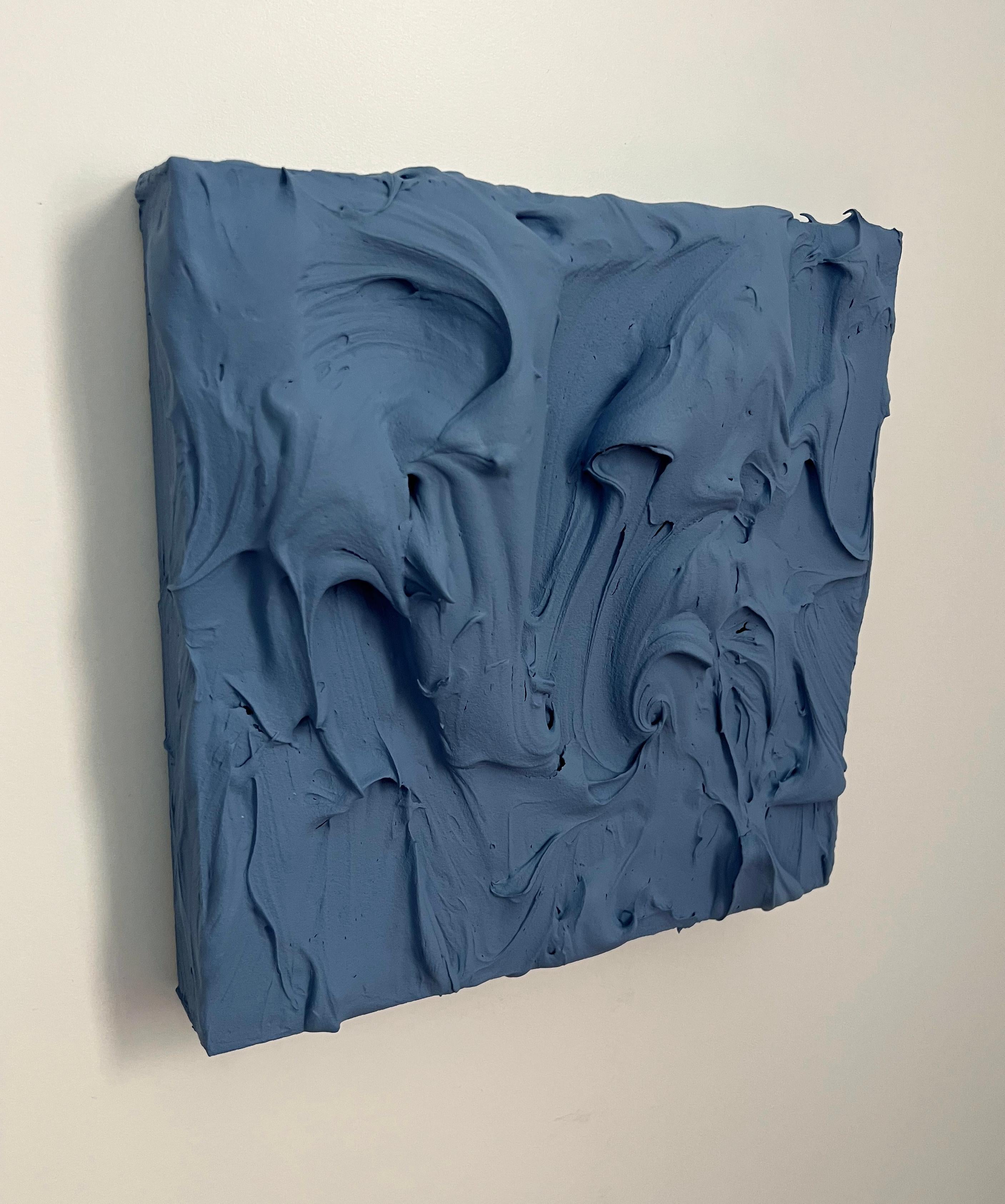 Fog Blue Excess (indigo impasto thick painting monochrome pop art square design) - Sculpture by Chloe Hedden