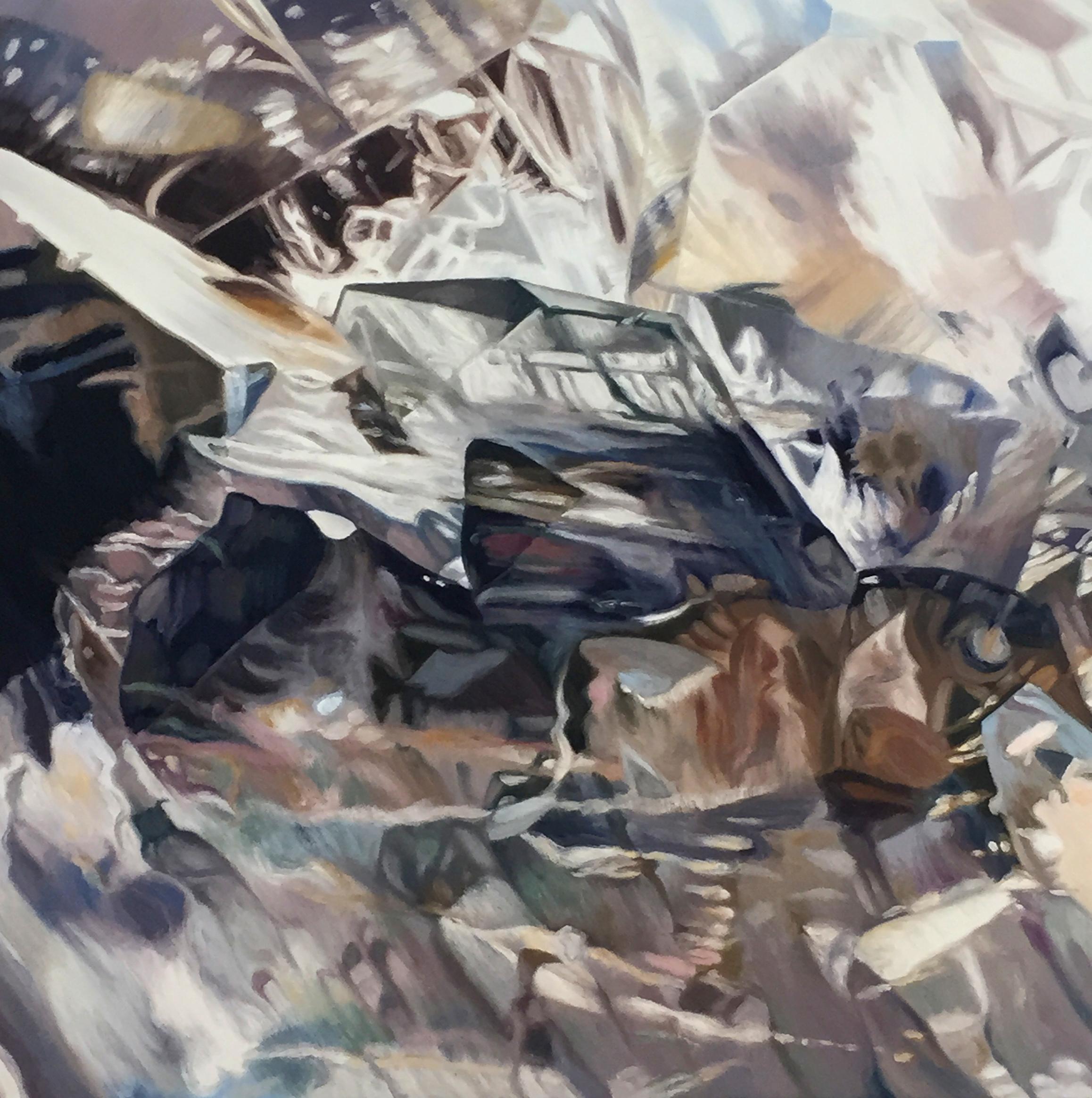 Chloe Hedden Abstract Painting – Ghost 1 (Grau Neutrale Kristalle Realistische kostbare Mineralien Ölgemälde Leinwand)