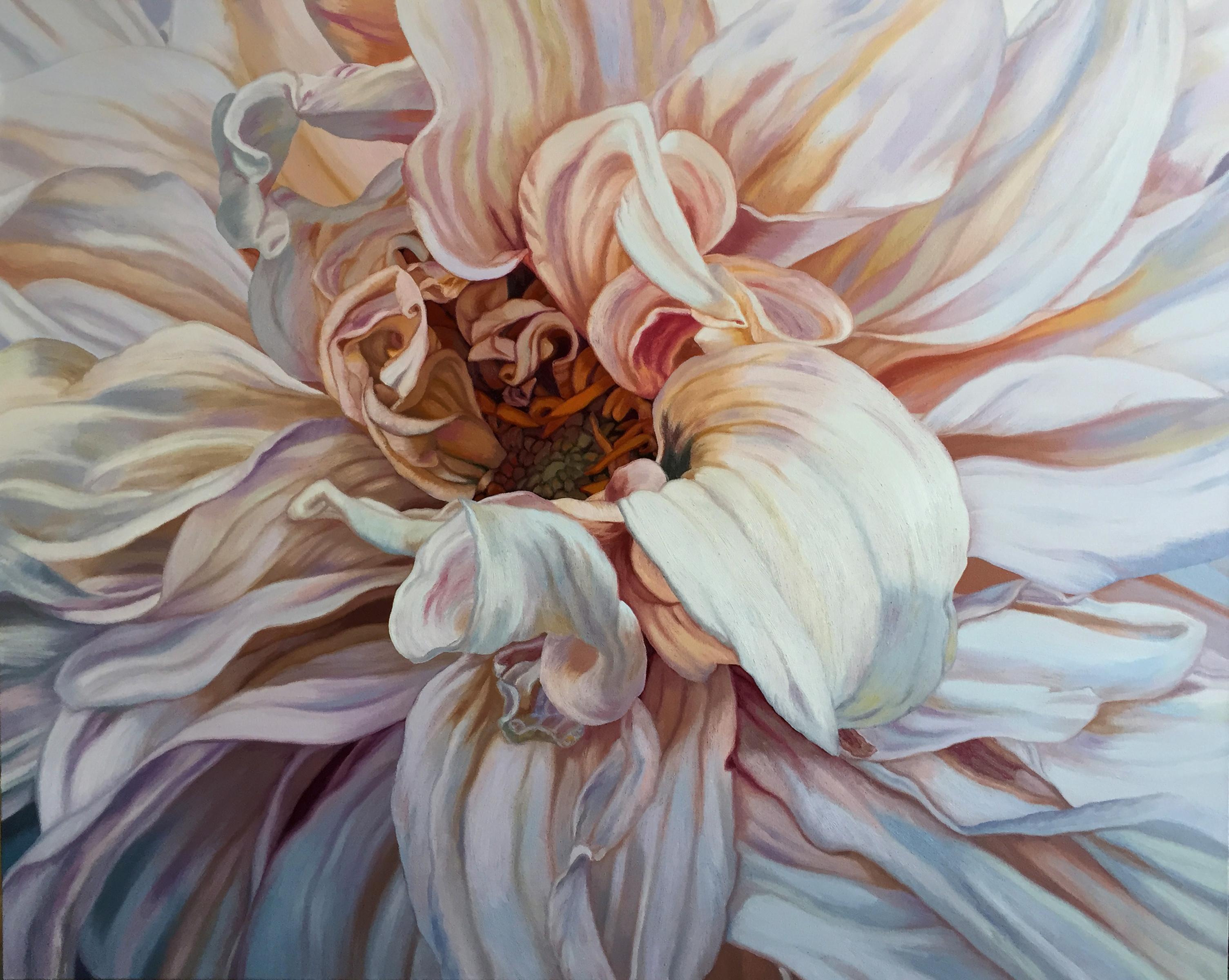 Chloe Hedden Still-Life Painting - Giant Dahlia (floral painting, realist, pastels, flower, oil painting, canvas)