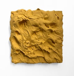 Golden Excess (pittura ad impasto giallo spesso, disegno pop monocromatico quadrato)