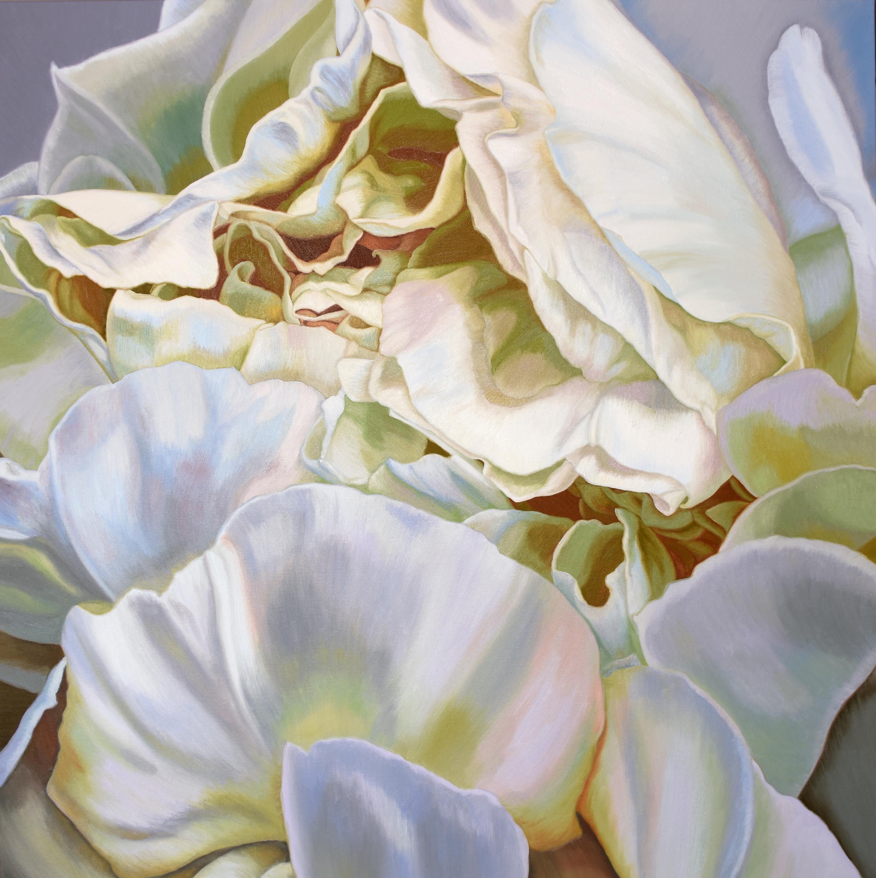 Chloe Hedden Still-Life Painting - Green Peony 2 (floral painting, realist, canvas, white flower art, oil, realism)