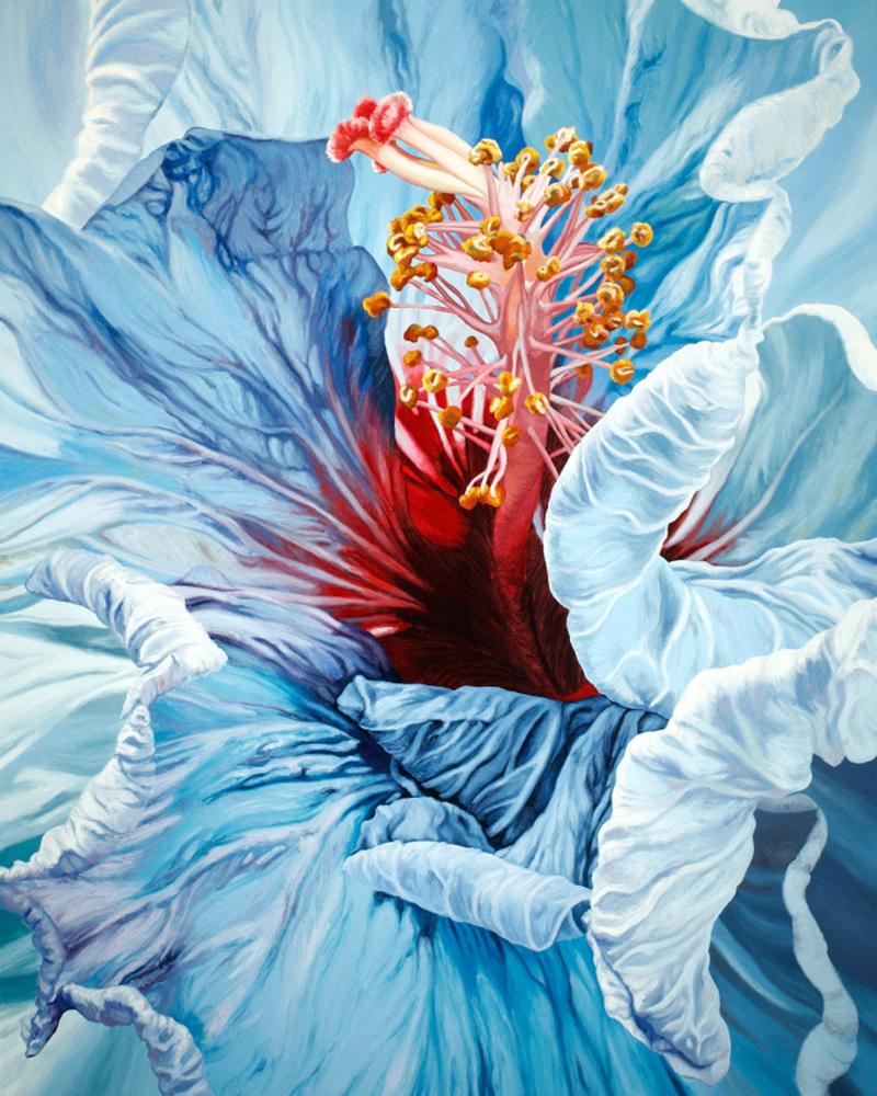 Chloe Hedden Abstract Painting - La Jolla Hibiscus (floral painting, realist, contemporary, flower, blue flower)