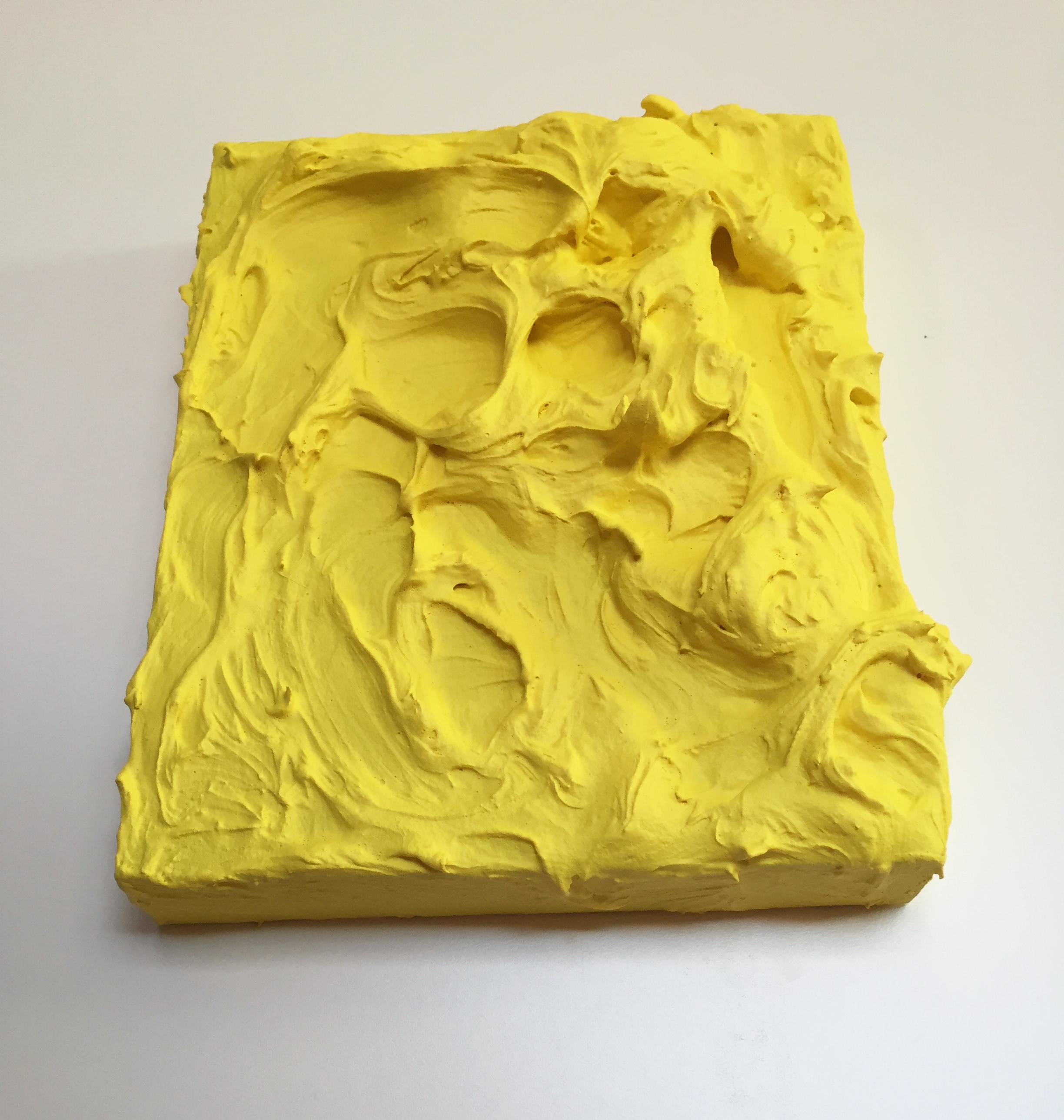 Lemon Yellow Excess (impasto texture thick small painting salon hanging bold  - Brown Abstract Sculpture by Chloe Hedden