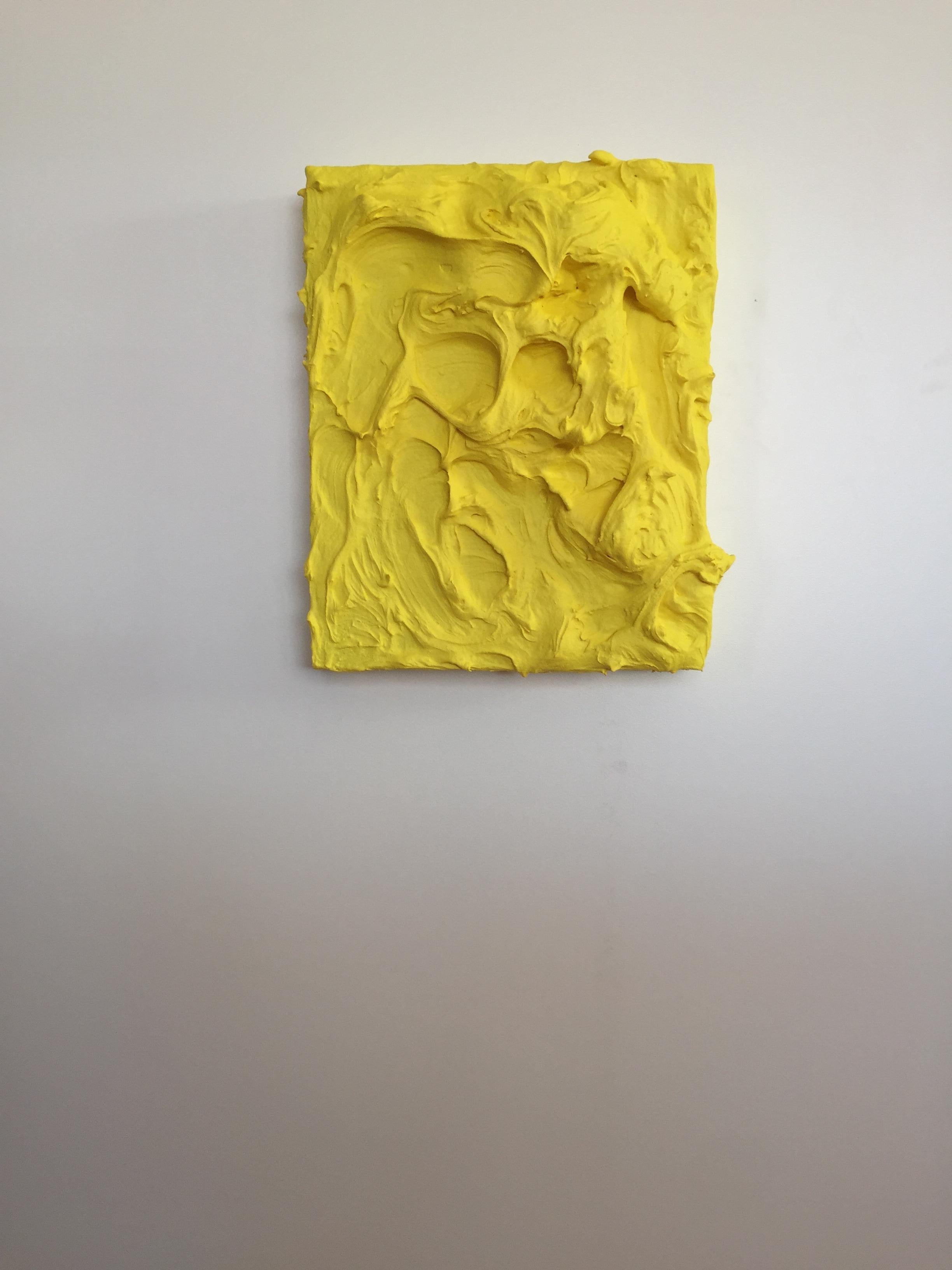 Chloe Hedden Abstract Sculpture - Lemon Yellow Excess (impasto texture thick small painting salon hanging bold 