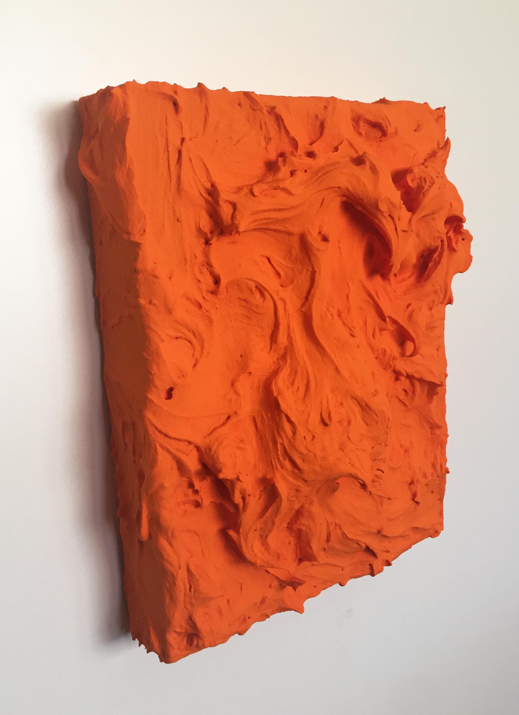 Mandarin Excess (impasto texture thick small painting salon hanging bold orange - Brown Abstract Sculpture by Chloe Hedden