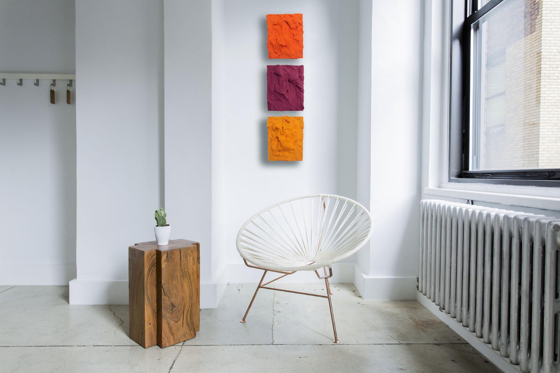 Mandarin Excess (impasto texture thick small painting salon hanging bold orange - Sculpture by Chloe Hedden
