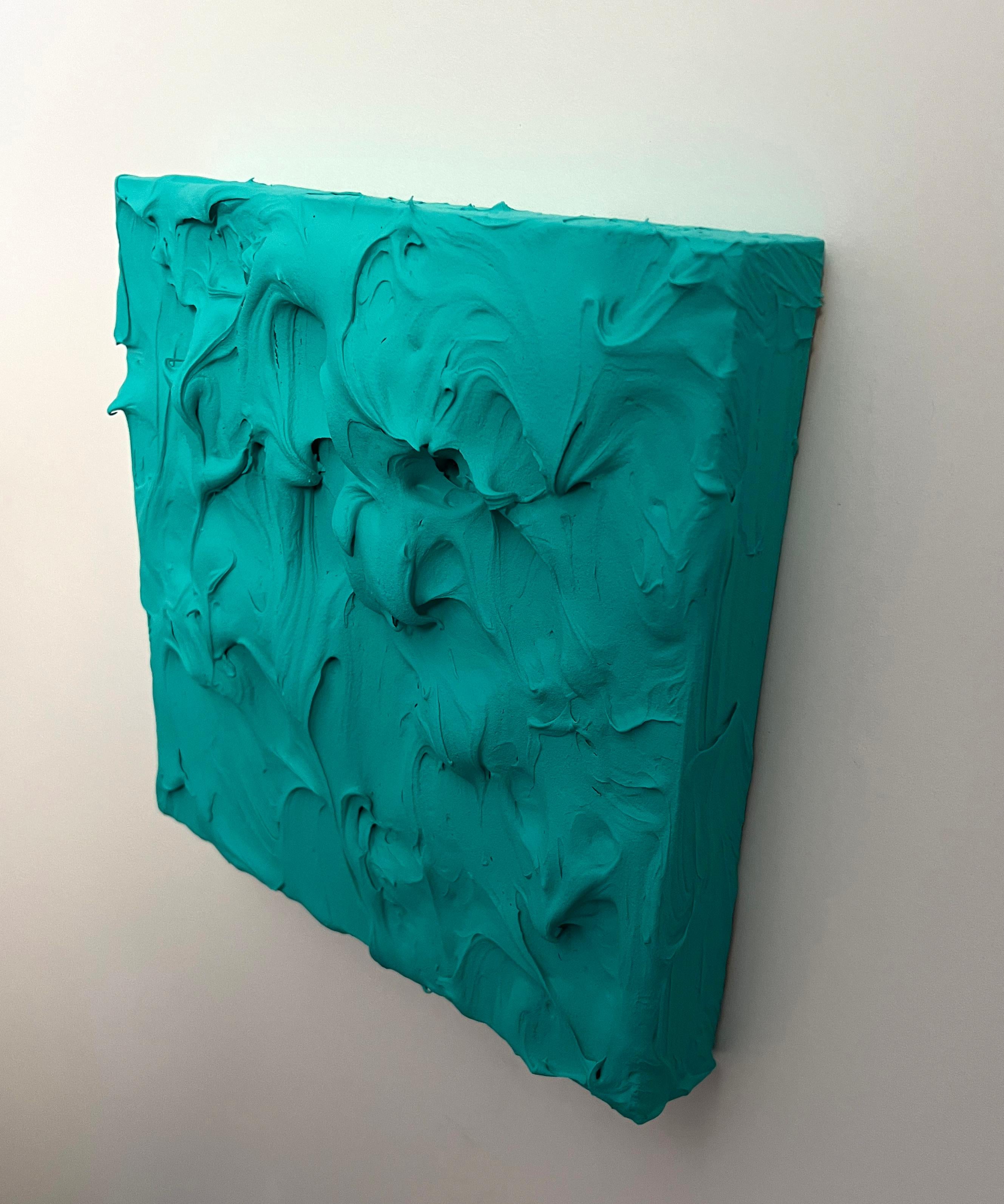 Mint Excess 2 (pittura a impasto spesso blu verde con disegno quadrato Aqua pop) - Sculpture Pop Art di Chloe Hedden