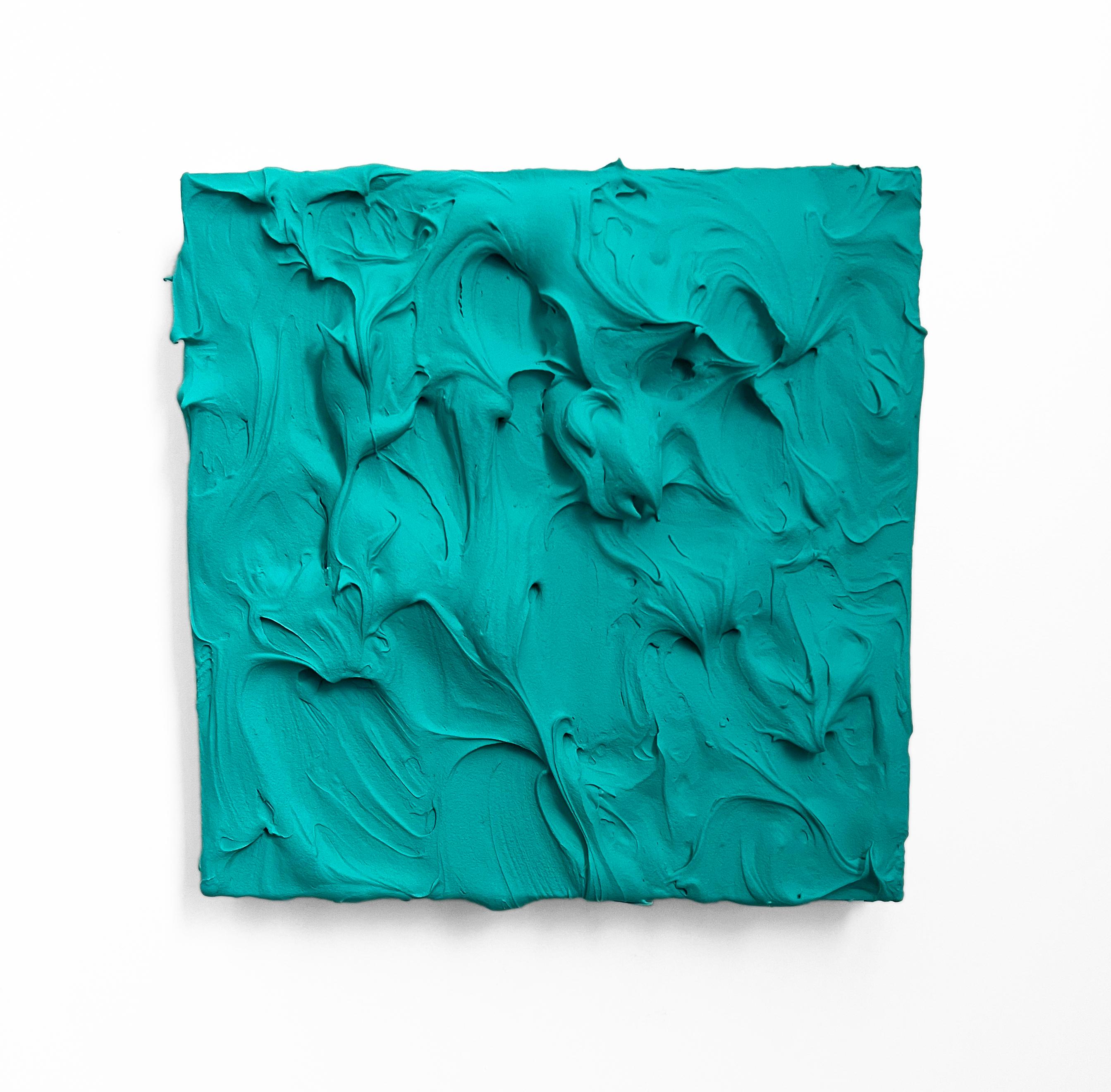 Abstract Sculpture di Chloe Hedden - Mint Excess 2 (pittura a impasto spesso blu verde con disegno quadrato Aqua pop)