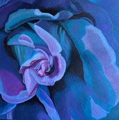 Night Rose (quadro a olio floreale blu con petali di lavanda)