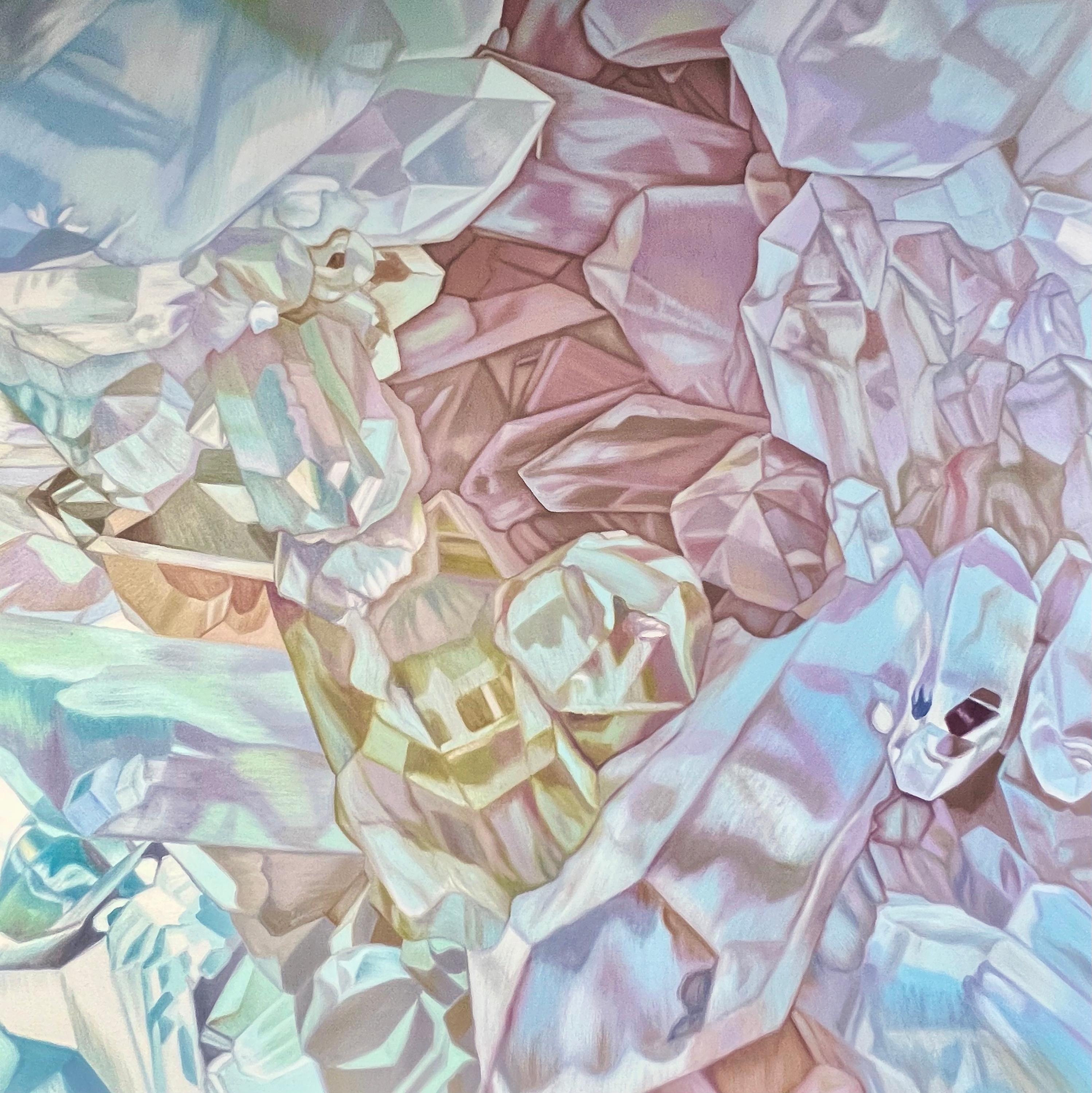 Chloe Hedden Abstract Painting – Quarz Regenbogen (Pastelle Kristalle realistische kostbare Mineralien Ölgemälde Leinwand)