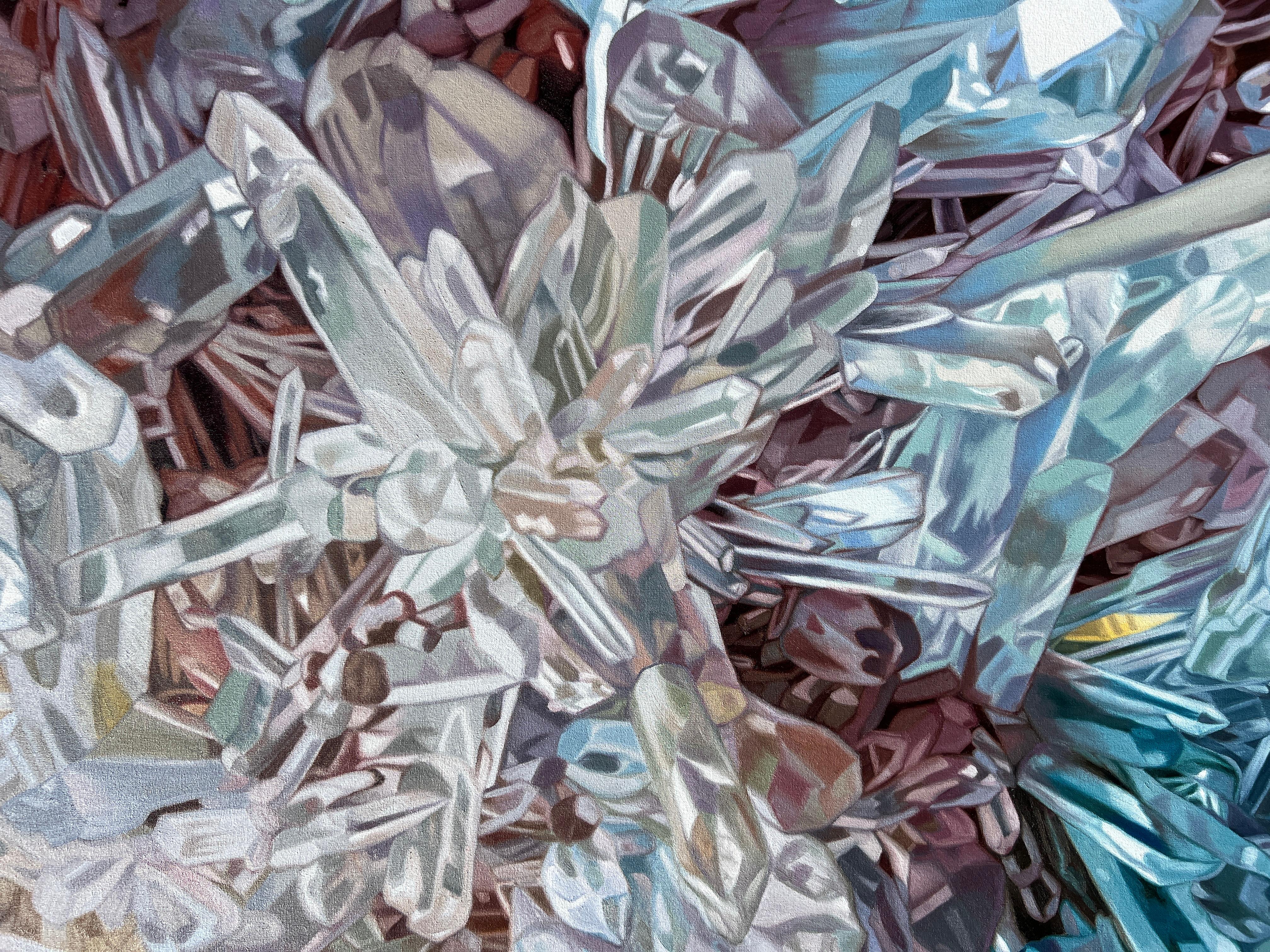 Quarz-Universum (Pastelle Kristalle realistische kostbare Mineralien Ölgemälde Leinwand) im Angebot 11