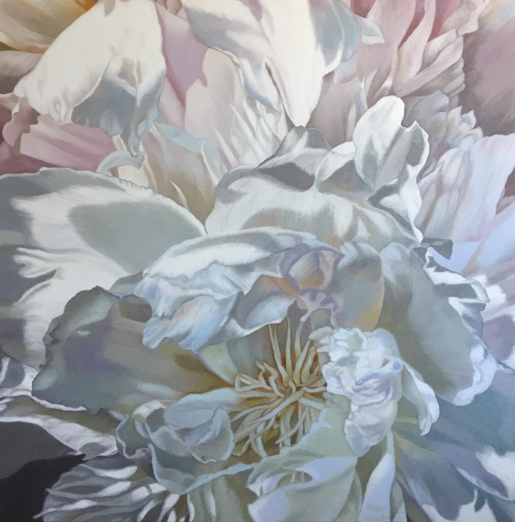 Chloe Hedden Still-Life Painting - Salt Spring Peony 3 (floral painting realist canvas white flower oil canvas)