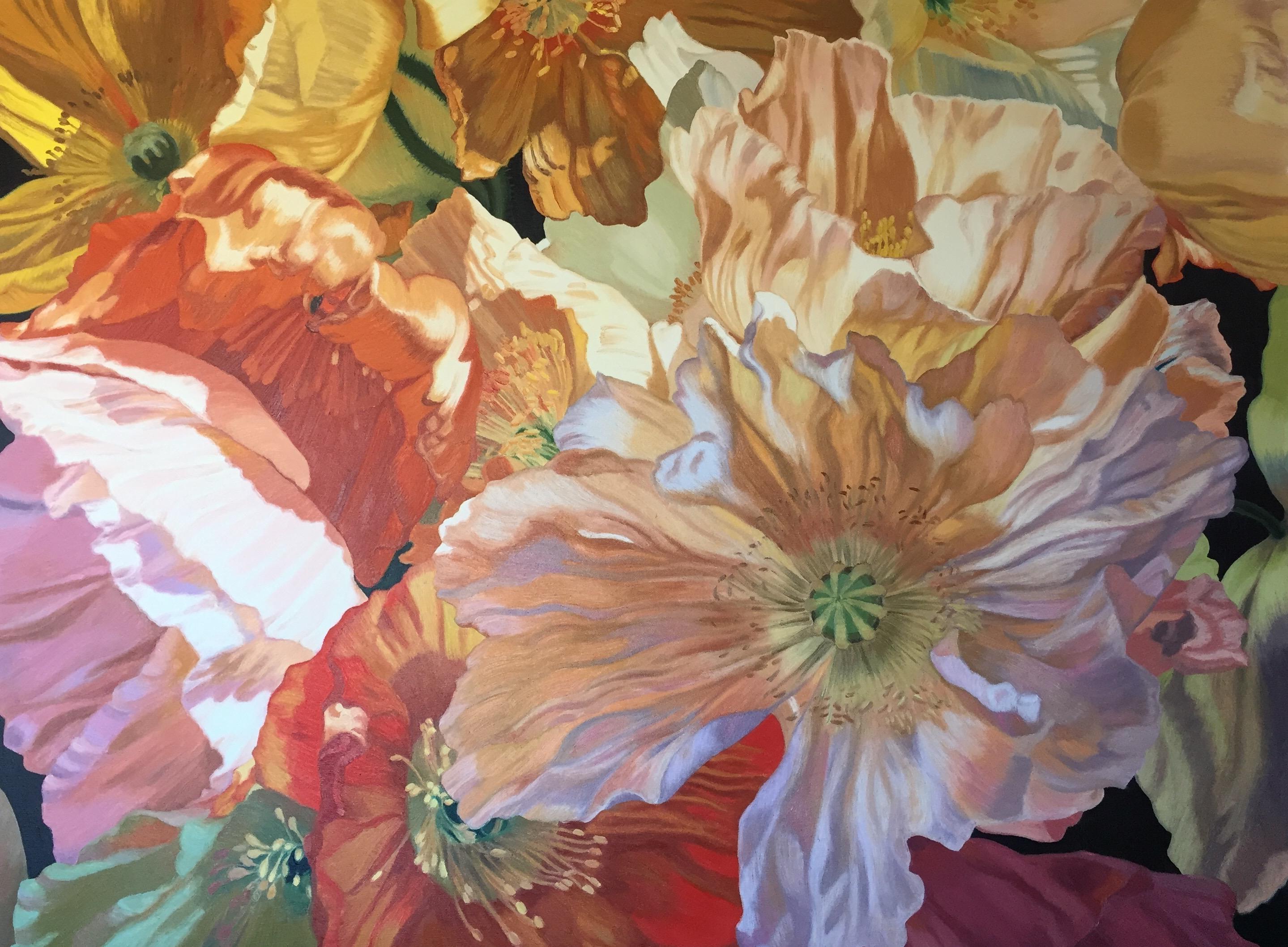 Salt Spring Poppies (floral painting, realist, flowers, oil painting, canvas) - Painting by Chloe Hedden