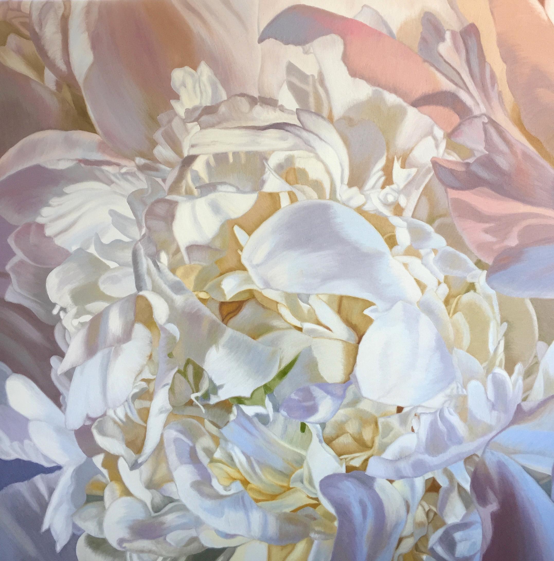 Chloe Hedden Abstract Painting - Sarahs Peony 2 (floral painting, realist, white, flower, oil painting, canvas)